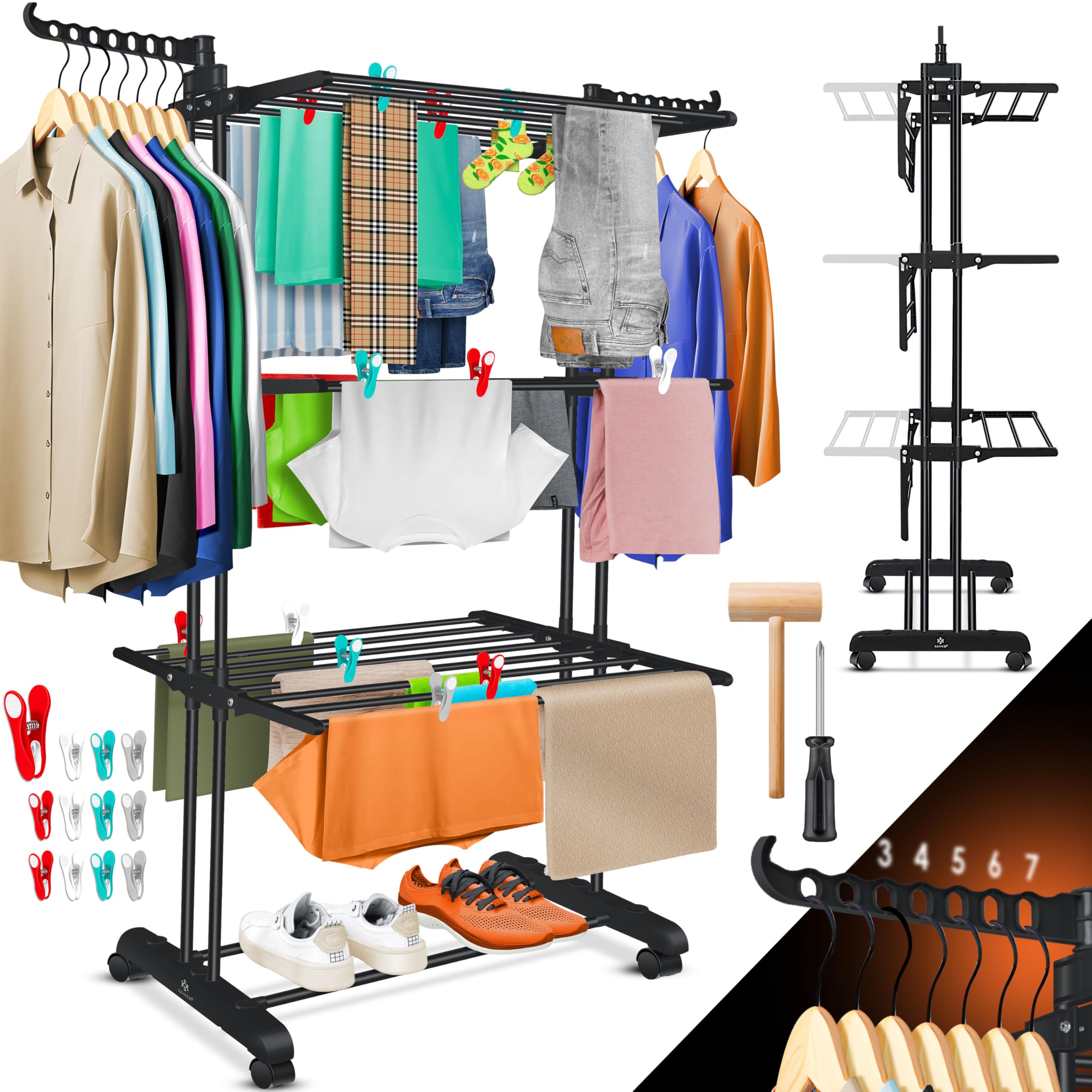 KESSER® Wäscheständer-Turm mit Rädern Platzsparender Wäschetrockner für Innen & Außen 4-Etagen 2 drehbare Seitenflügel und 6 klappbare Ebenen Standtrockner Wäscheturm Zusammenklappbar, inkl. Klammern Schwarz Angebot bei HelloDeals