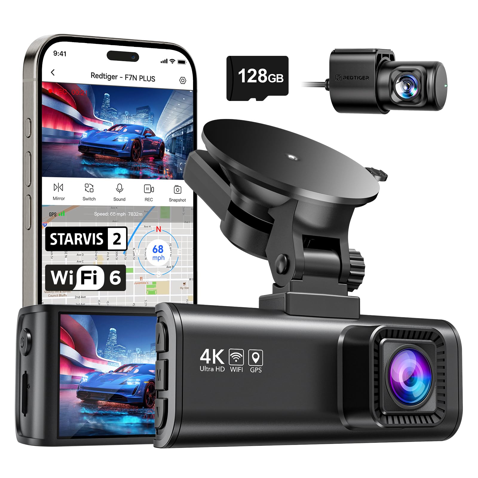 REDTIGER Dashcam Auto Vorne Hinten 4K/2,5K mit STARVIS 2, Dash Cam Auto Kamera 3,18" IPS-Bildschirm, kostenlose 128-GB-Karte,5.8GHz WiFi, GPS, 170°Weitwinkel WDR, Unterstützt 256 GB Max(F7NP) Angebot bei HelloDeals