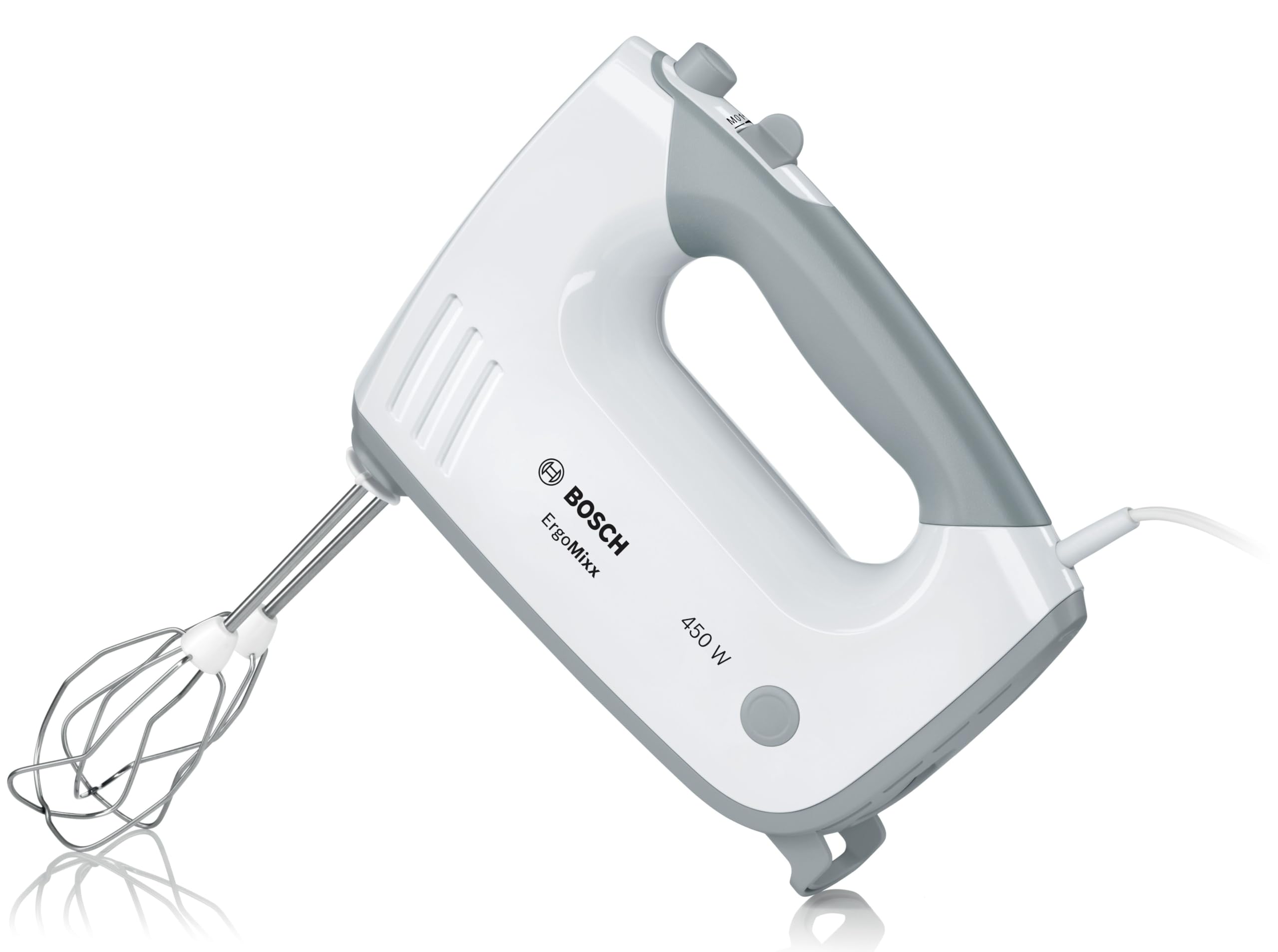 Bosch Handrührer ErgoMixx MFQ36400, 2 Rührbesen, 2 Edelstahl-Knethaken, spülmaschinengeeignet, 5 Stufen plus Turbostufe, 450 W, weiß Angebot bei HelloDeals