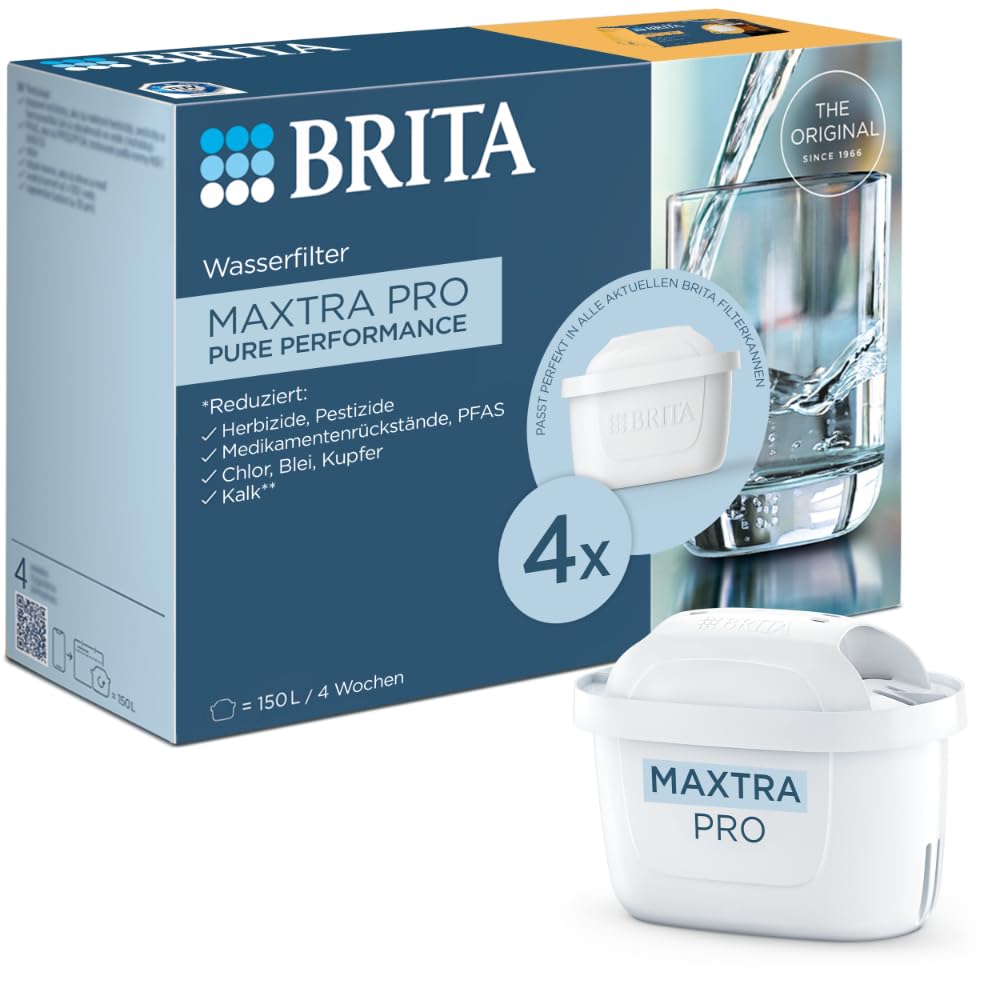 BRITA Wasserfilterkartusche MAXTRA PRO Pure Performance (All-in-1) 4er-Pack – Original Ersatz-Wasserfilter für alle BRITA-Kannen: reiner Wassergeschmack – filtert PFAS, Chlor, Kalk & Metalle Angebot bei HelloDeals