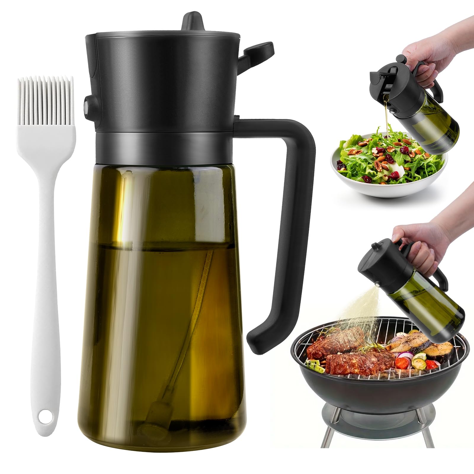Byitin Öl Sprühflasche Light-Blocking Dark, 2 in 1 Ölsprüher für Speiseöl mit Silikonbürste, 470ml Olivenölsprüher, Glas Ölspray zum Kochen für Salat, Backen, Air Fryer Angebot bei HelloDeals