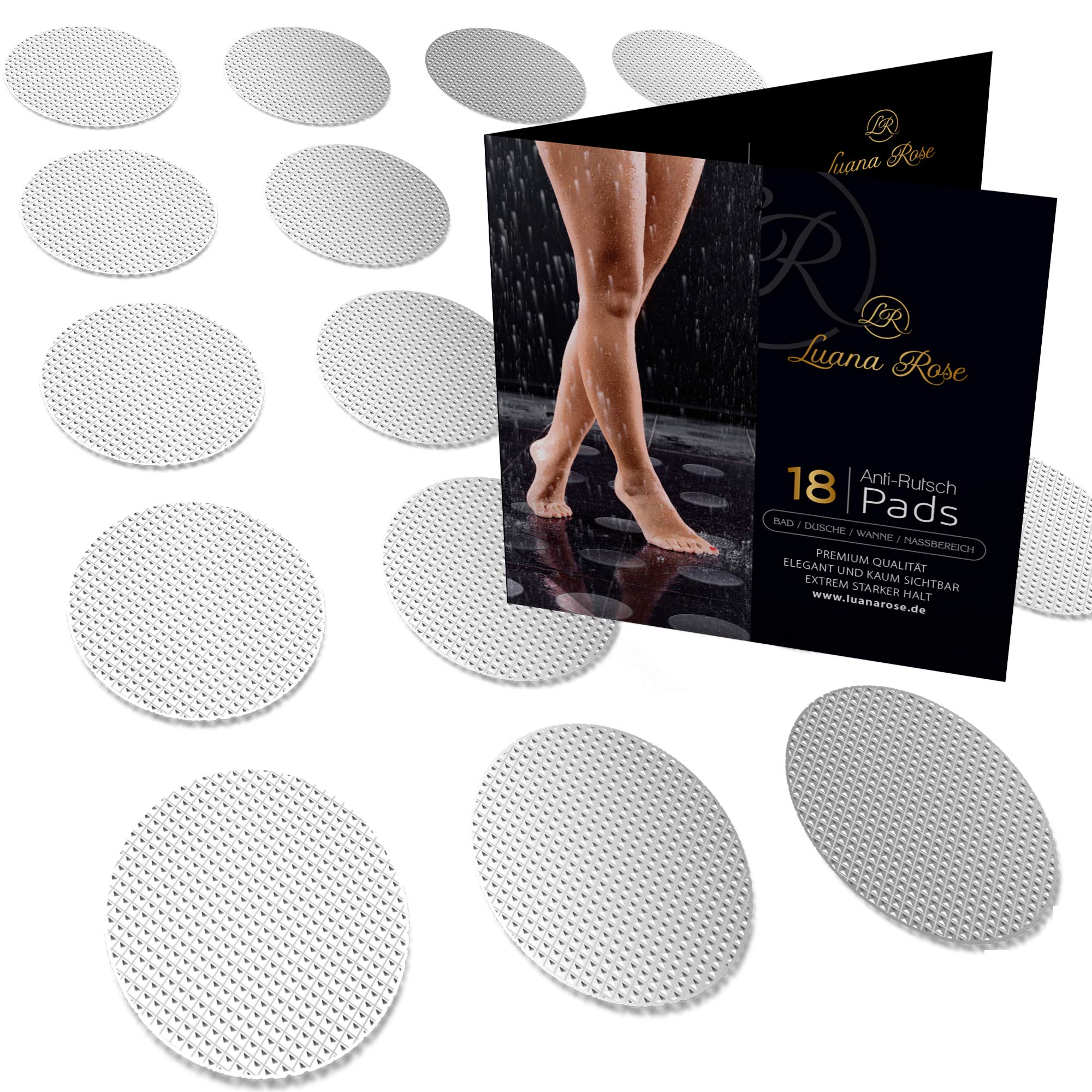 Luana Rose Premium Antirutsch Pads Dusche und Badewanne - Einfache Installation - Hygienisch & Transparent - Anti Rutsch Dusche Aufkleber - XXL Pads, Rund 10 cm Ø, Selbstklebend (18 Stück) Durchsichtig Angebot bei HelloDeals