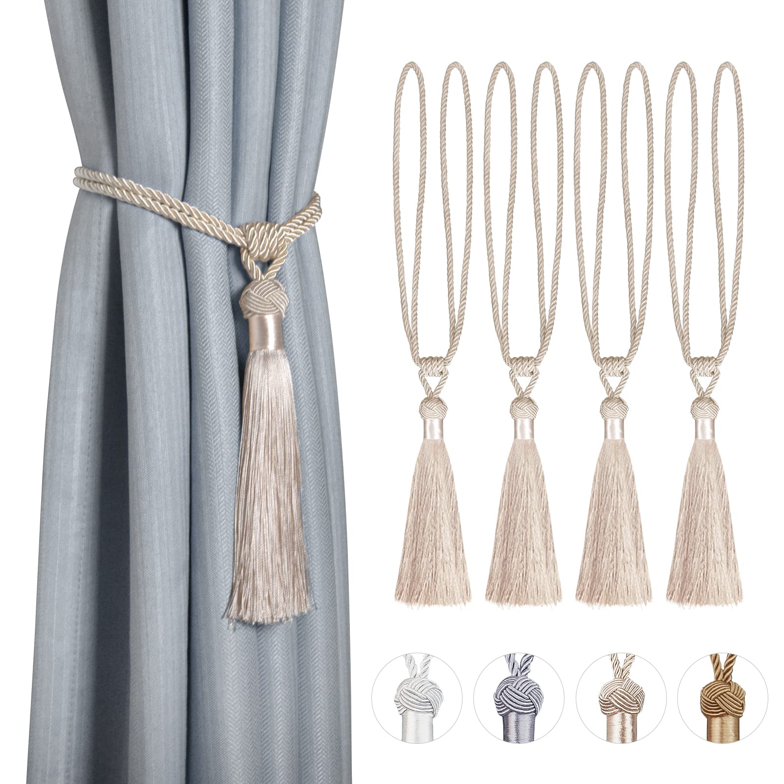 Dalababa 4 Stück Vorhanghalter Raffhalter Gardinenhalter Polyester Baumwoll Seil mit Quaste Vorhang Tiebacks Dekorative Fenster Einfarbig Gardinen Zubehör,Beige 2 Paar Beige Angebot bei HelloDeals