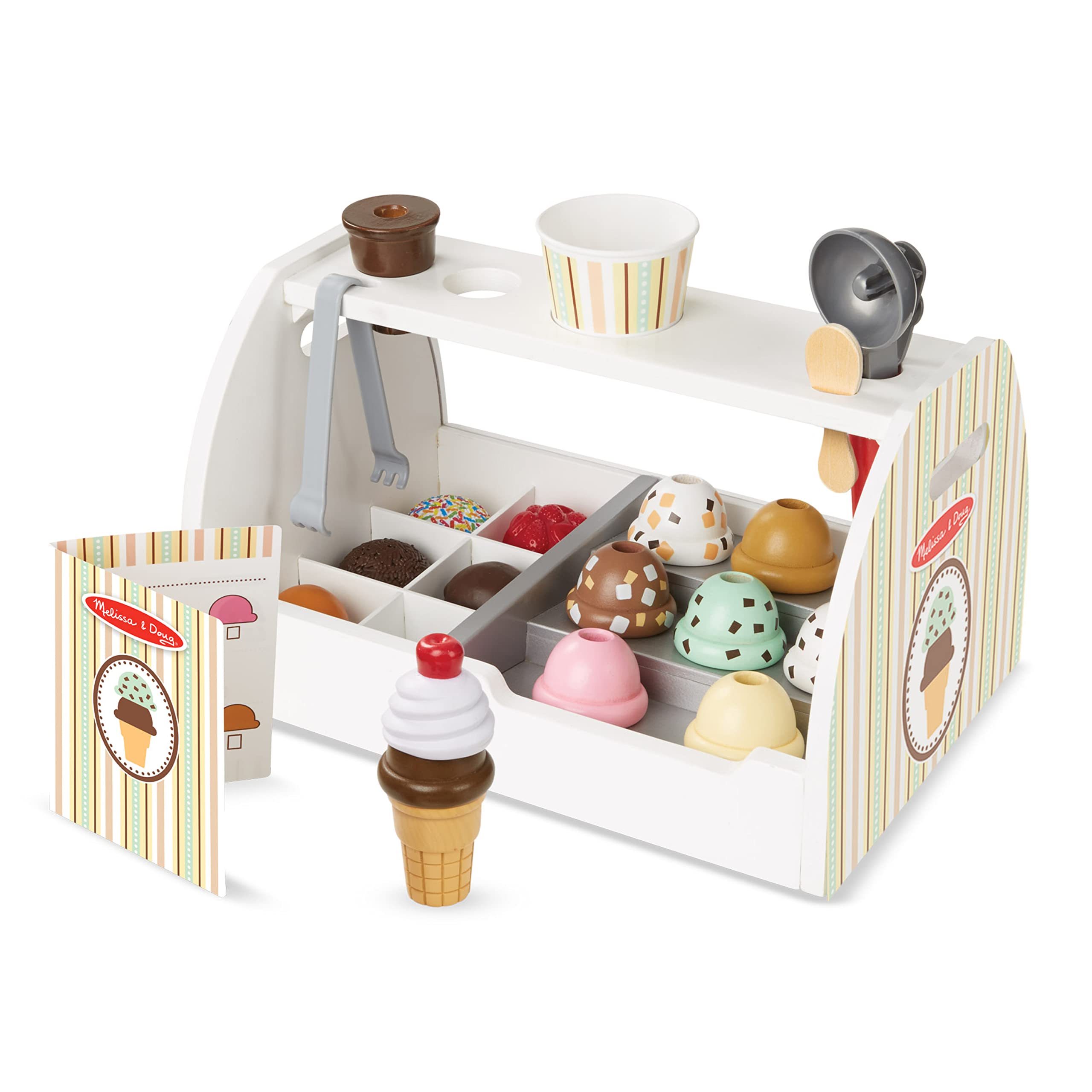 Melissa & Doug Eisdiele aus Holz - 28-teiliges Spielset zum Portionieren und Servieren von 8 Sorten Eiscreme in Eistüten oder im Eisbecher, Spielgeld inklusive, für Kinder ab 3 Jahren Deluxe-Eistheke Angebot bei HelloDeals