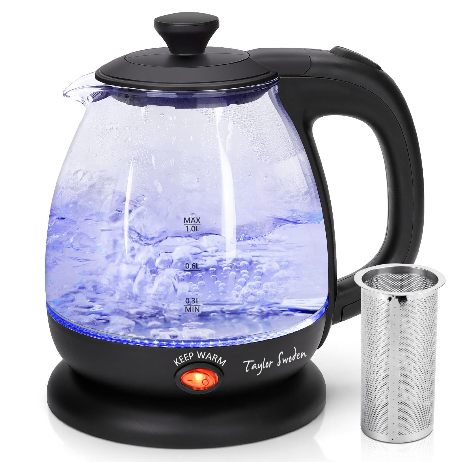 Taylor Swoden Abel-Wasserkocher Glas mit LED-Licht, Warmhaltefunktion, Kleiner Wasserkocher 1 Liter,2200 W, Reisewasserkocher Kleiner, Herausnehmbarer Filter, Bpa-Frei 1 Liter Schwarz Angebot bei HelloDeals