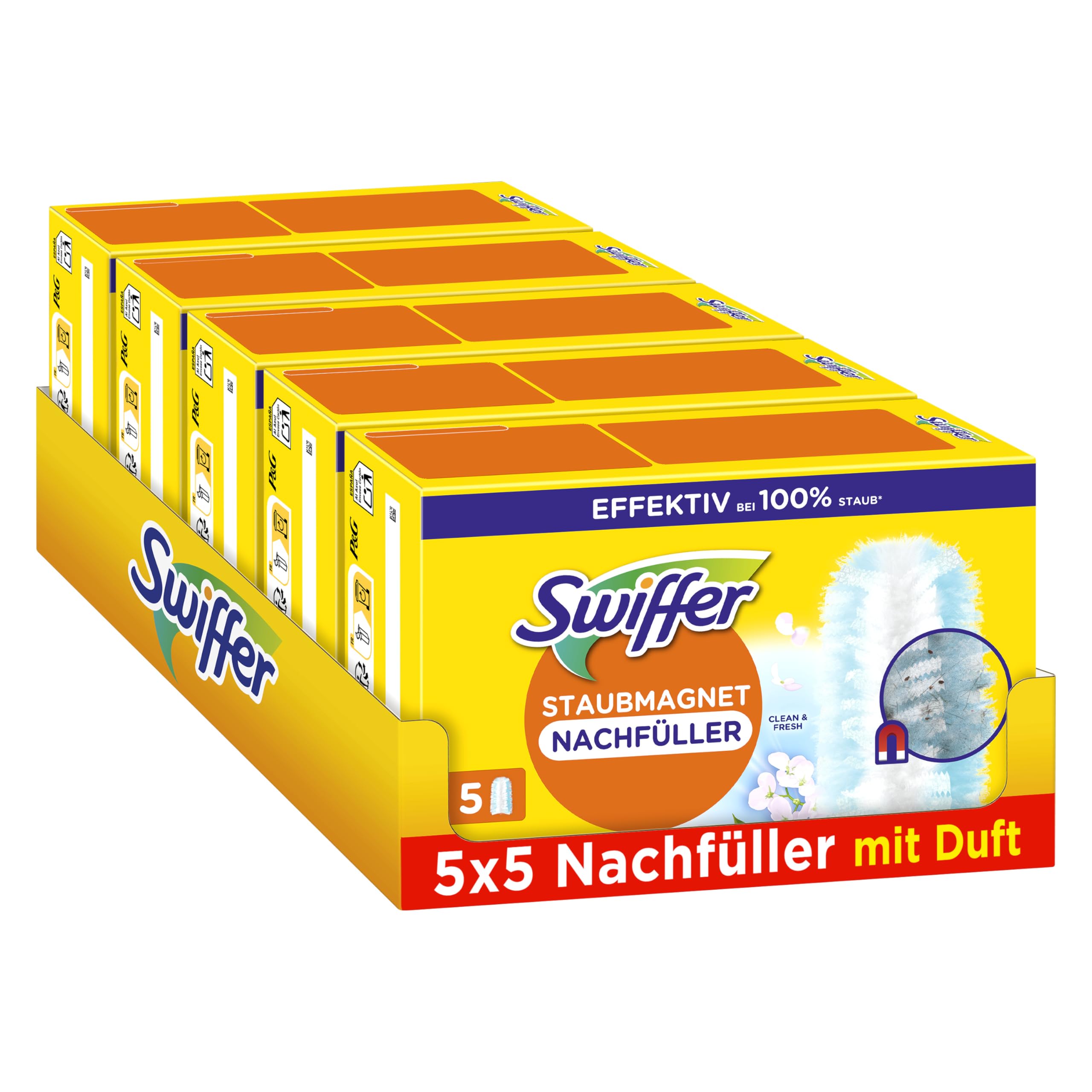 Swiffer Staubmagnet Nachfüllpackung, 25 Tücher (5×5) mit Febreze-Duft, Fängt Und Schließt 3-mal Mehr Staub Und Haare Ein Als Herkömmliche Staubwedel 25 Tücher mit Duft (5x5) Angebot bei HelloDeals