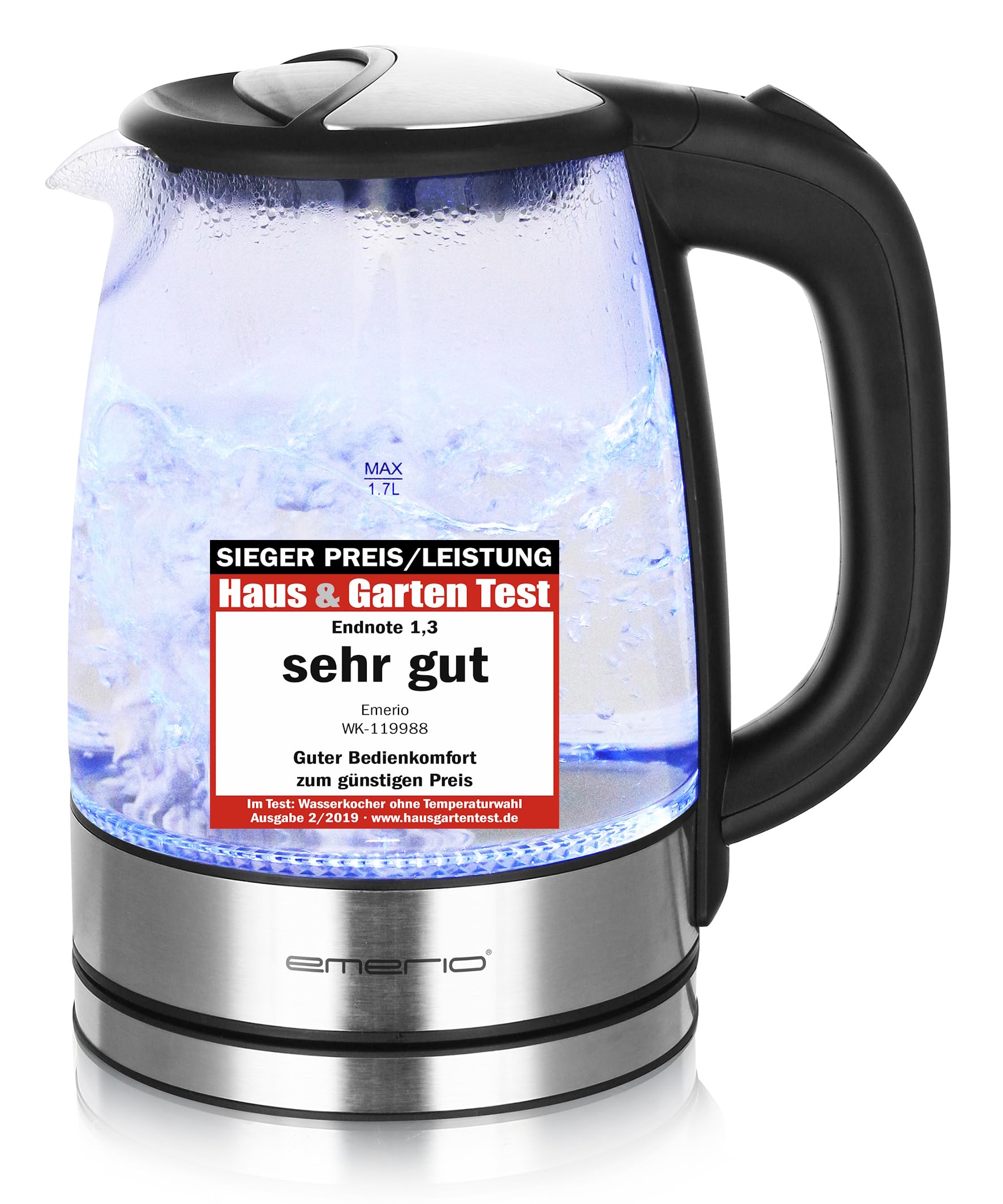 EMERIO Glas Wasserkocher mit 1.7 Liter Volumen | 2200 Watt | blaue LED Innenbeleuchtung | 360° Basis | SIEGER Preis/Leistung Haus & Garten Test | bestes Borosilikatglas | BPA frei | WK-119988.7 1.7 Liter Single Angebot bei HelloDeals