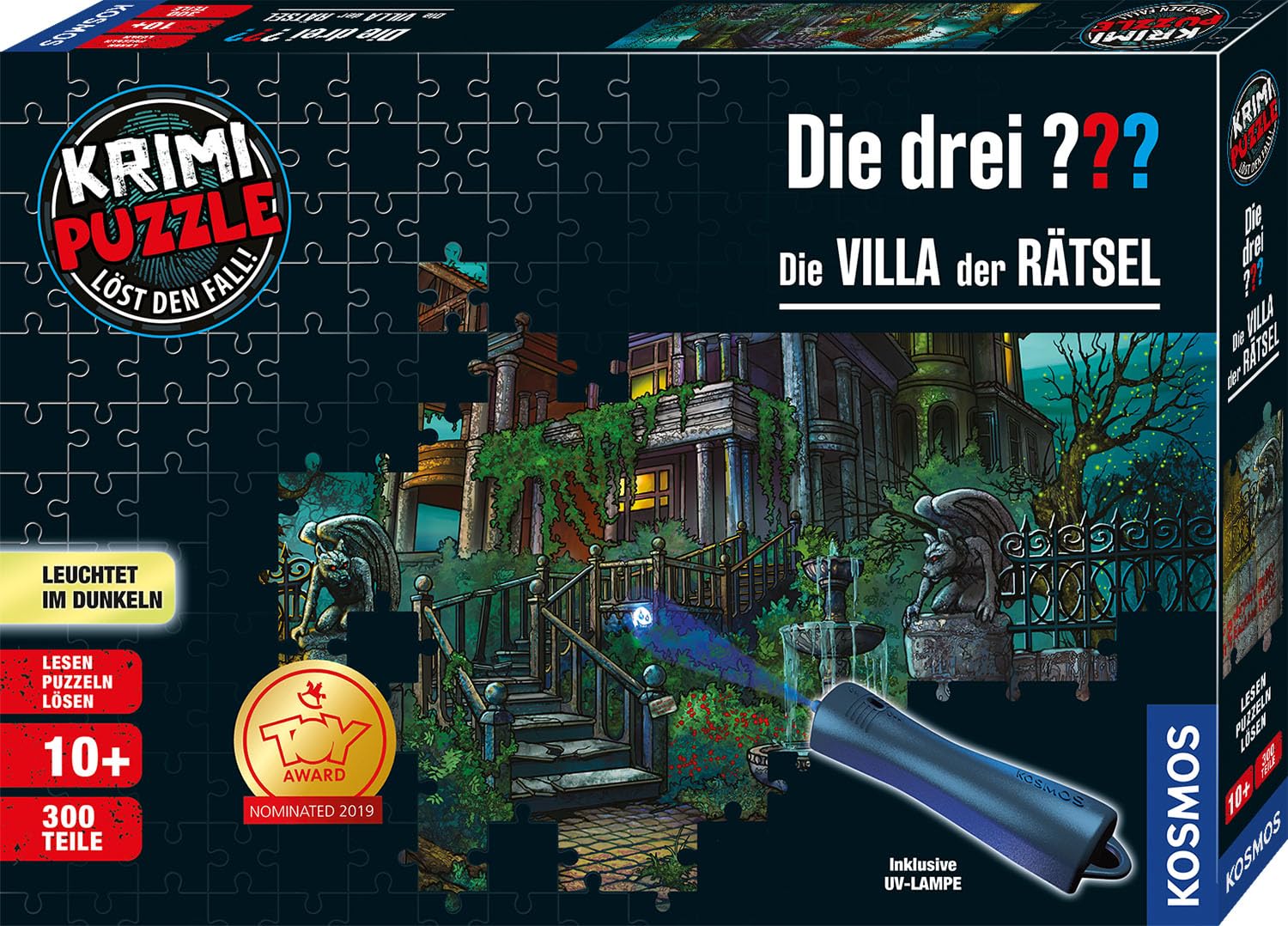Die drei ??? - Krimi Puzzle - Die Villa der Rätsel von KOSMOS 697976, 300 Teile, Leuchtet im Dunkeln, mit UV-Lampe, Lesen, Puzzeln, Rätsel lösen, Detektiv Puzzle ab 10 Jahre Angebot bei HelloDeals