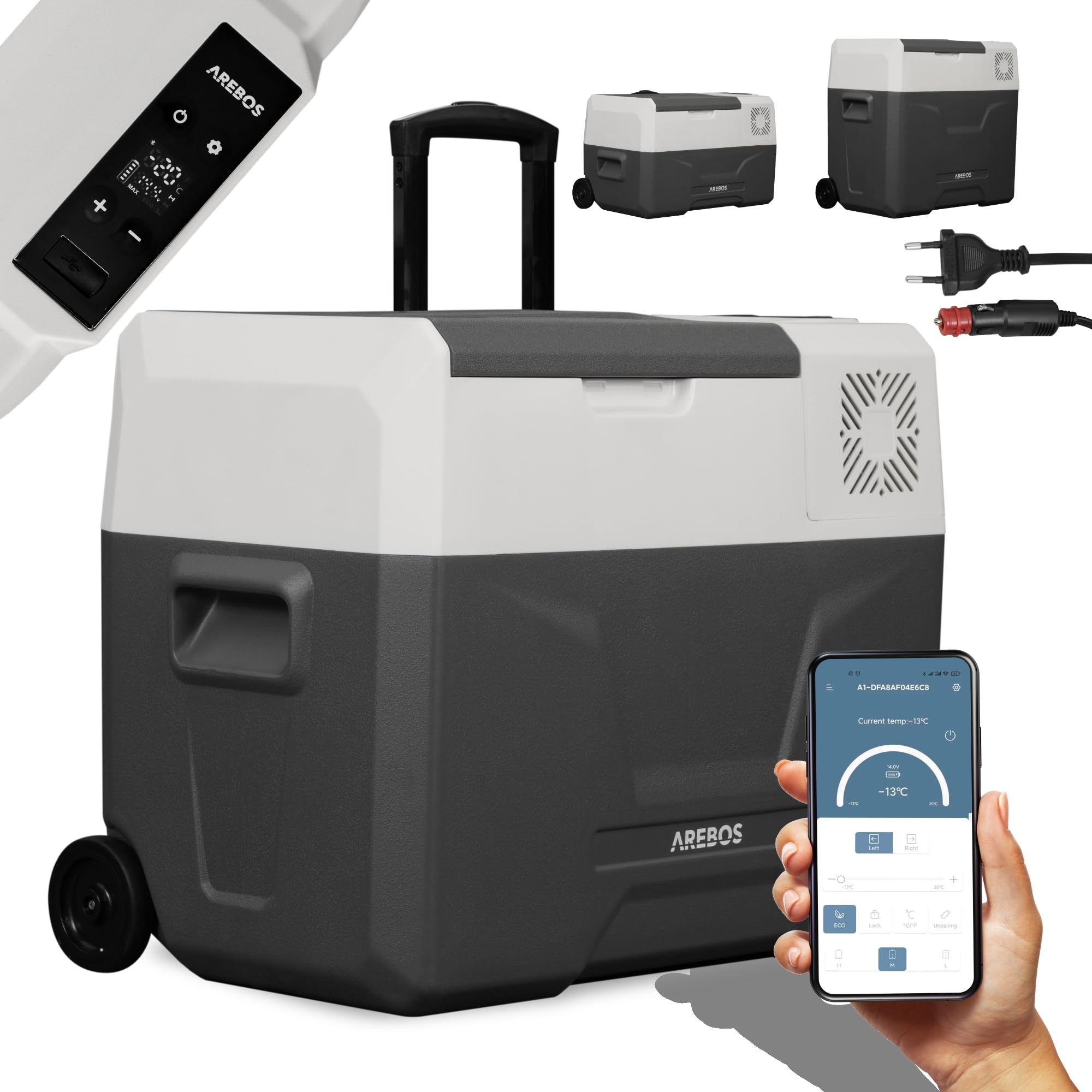 Arebos Kompressor Kühlbox mit Rollen 39 Liter | Elektrische Gefrierbox mit APP & Smart-Steuerung | Mobile Kühltruhe mit USB-Anschluss | bis -20 °C | 12/24 V 230V | für Auto,LKW,Camping,Boot,Wohnmobil Angebot bei HelloDeals