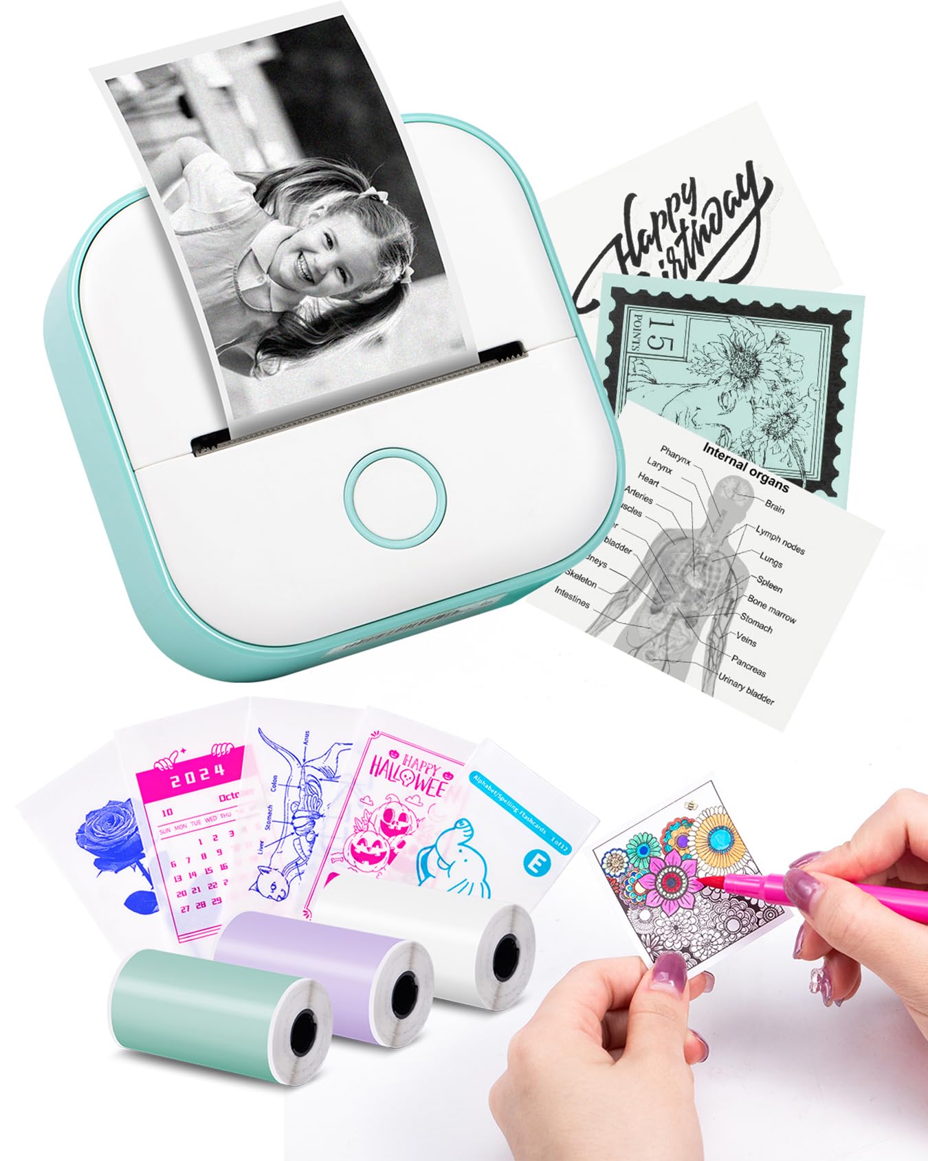 Mini Drucker - Tiny Printer T02 Mini Drucker für Smartphone Mini Thermodrucker Bluetooth Fotodrucker Aufkleber Drucker Etikettendrucker Sofortdruck für Studiennotizen, Anatomische Diagramme,Fotos Grün 1 Drucker + 3 Rollen Papier Angebot bei HelloDeals