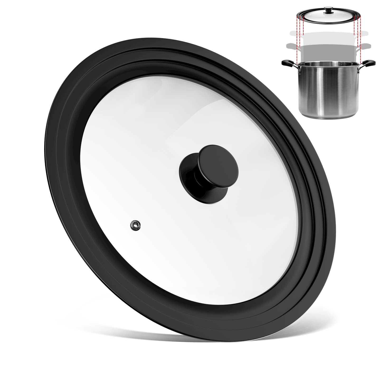 Fousenuk Universaldeckel Schwarz, Glasdeckel Hitzebeständig 3 Größen mit Abgestuften Silikonrandmit und Dampfloch, Topfdeckel Universal für Töpfe und Pfannen mit 24/26/28 cm Durchmesser 24-28cm Angebot bei HelloDeals