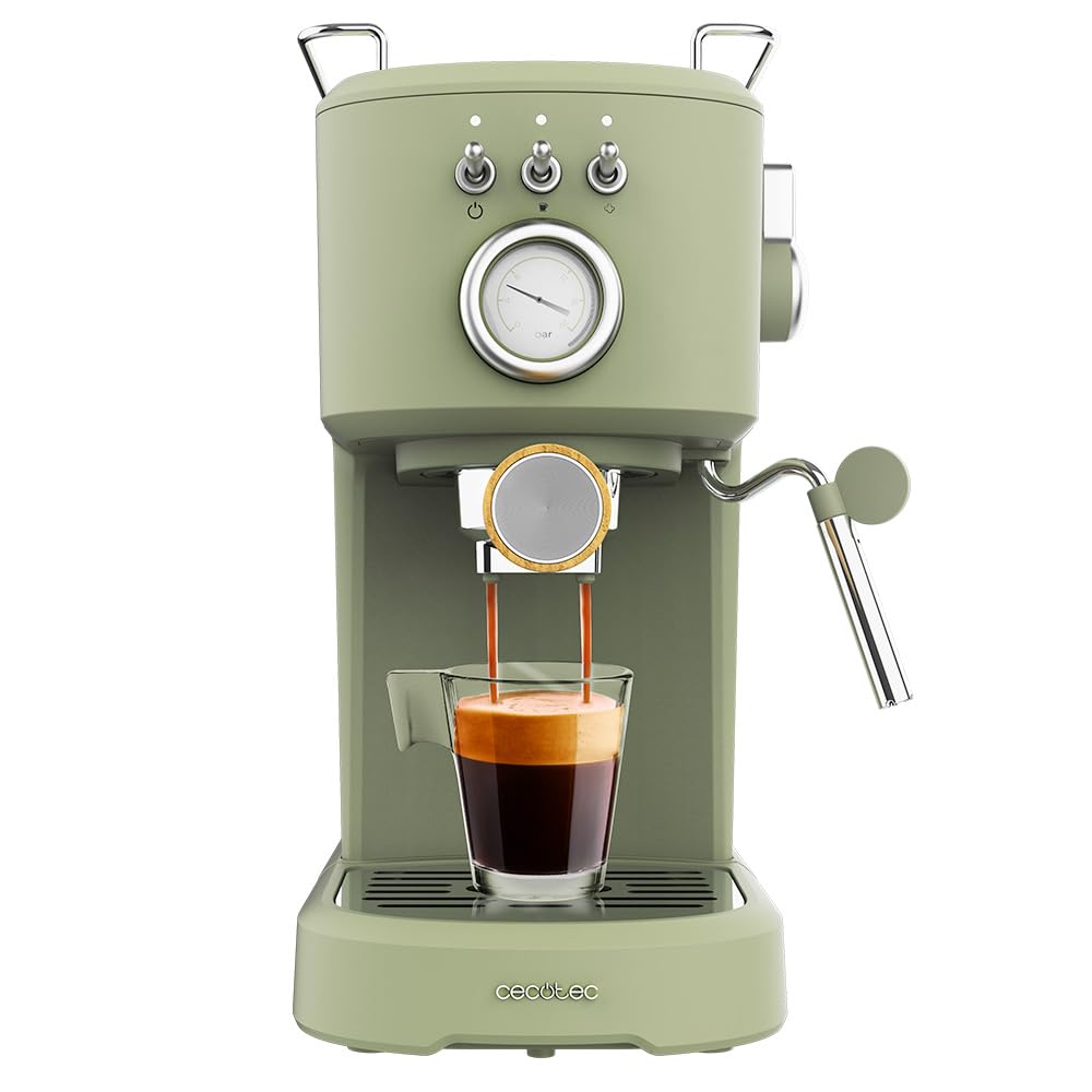 Cecotec Espressomaschine Compact Power Espresso 20 Retro Green 1100 W, 20 bar, Thermoblock-System, schwenkbarer Dampfgarer, Filterarm mit Doppelausgang und 2 Filter, 1,25 Liter Grün Mit Manometer Angebot bei HelloDeals