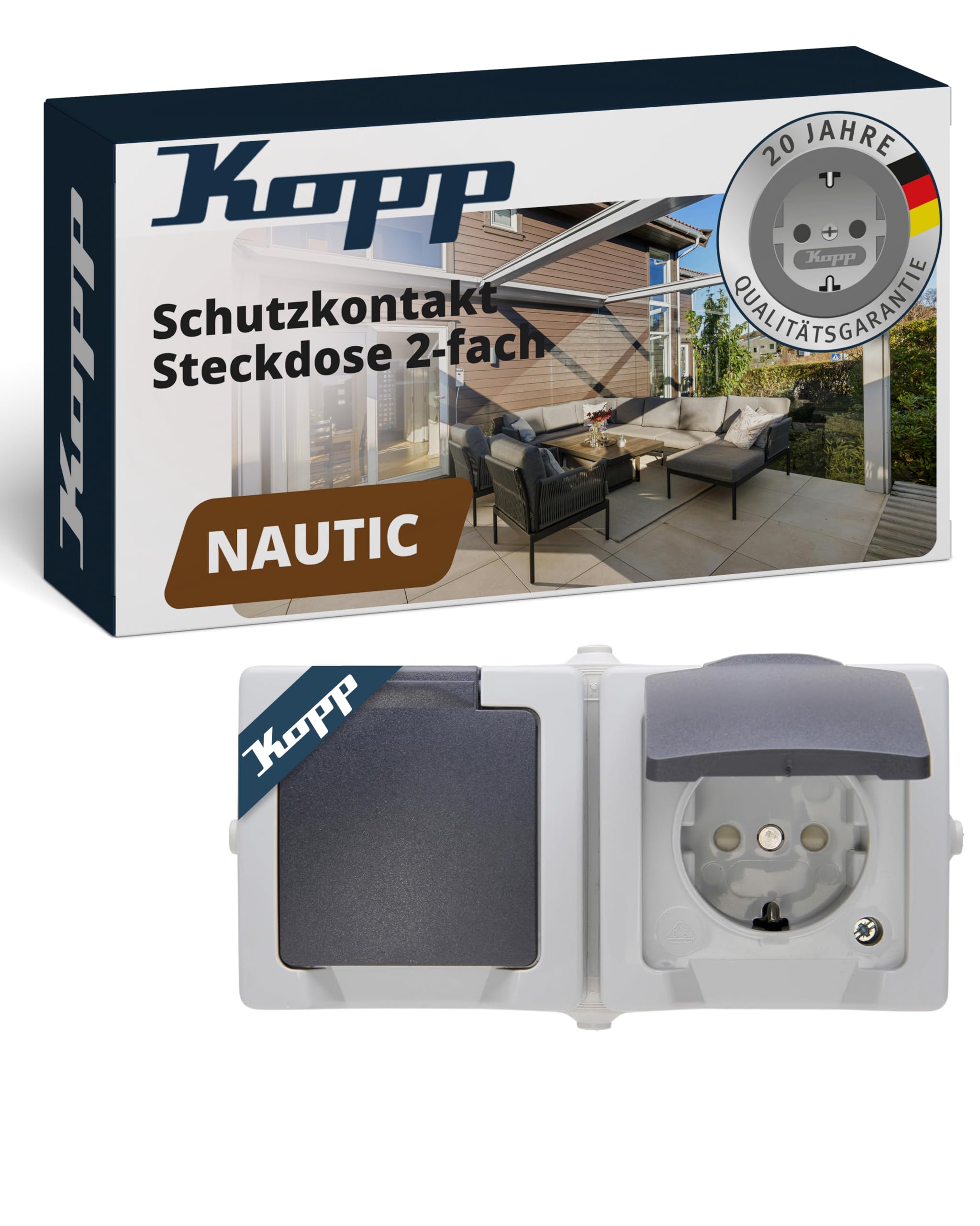 Kopp NAUTIC 2-fach Schutzkontakt-Steckdose mit Klappdeckel in Grau - Sichere Aufputz-Steckdose mit erhöhtem Berührungsschutz - Waagrechter IP44 Feuchtraumsteckdosen-Aufputz 16A / 250V~ grau 2fach waagerecht Angebot bei HelloDeals