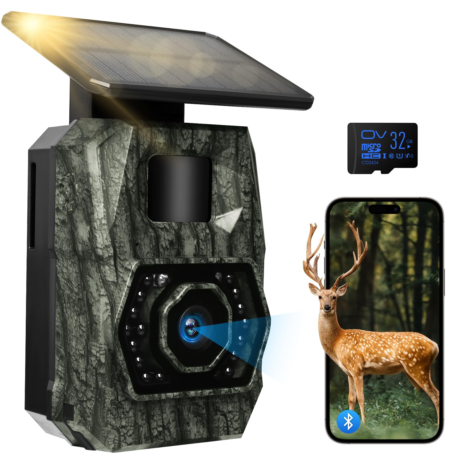 Wildkamera WLAN mit Handyübertragung App, Wildkamera Solar mit Akku 5200mAh Wildtierkamera mit Bewegungsmelder Nachtsicht 0,1s Auslösezeit Wildtierkamera Bluetooth Nachtsichtkamera, IP66 Wasserdicht Angebot bei HelloDeals