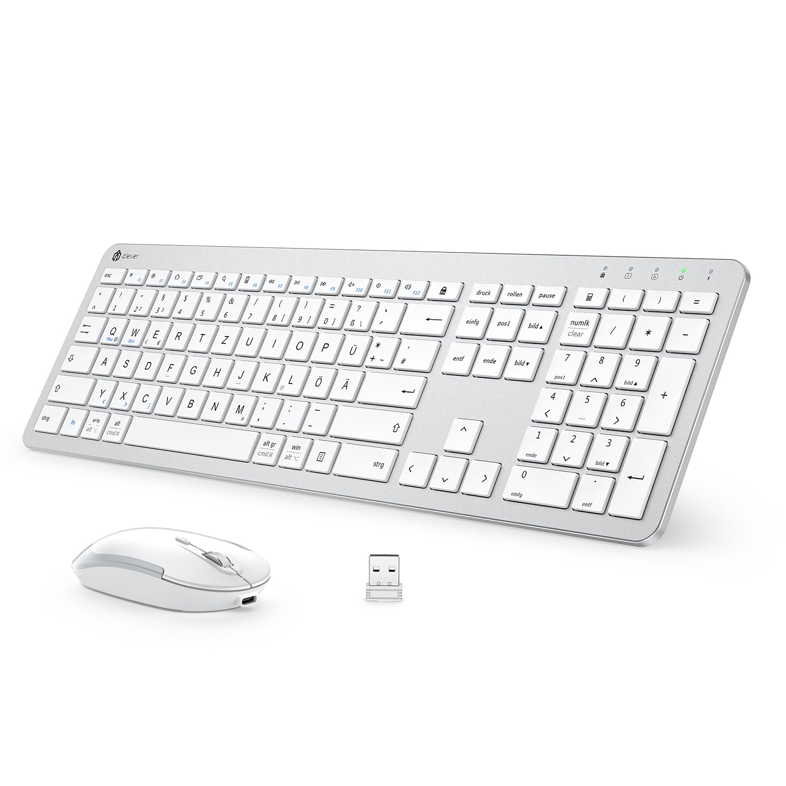 iClever Tastatur Maus Set Kabellos, Wiederaufladbare Kabellose Tastatur und Maus, Deutsch QWERTZ Layout, 2.4 GHz Funk Tastatur mit Maus für PC/Laptop/Smart TV, Weiß silver Angebot bei HelloDeals