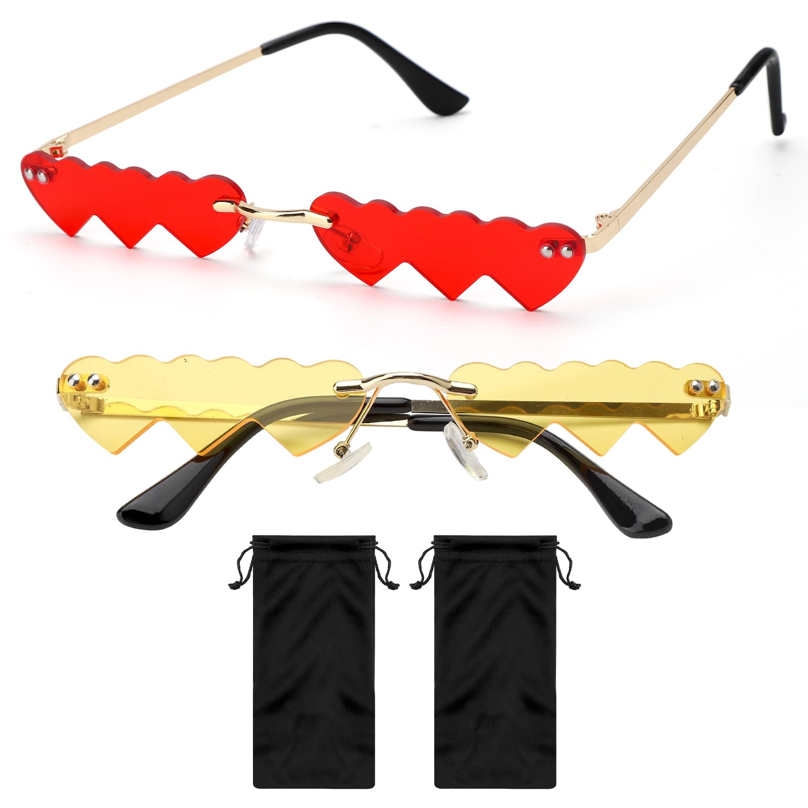 DAWRIS 2 Stück Herz Hippie Sonnenbrille mit 2 Brillentasche Retro Sonnenbrille Rot und Gold Hippie Brille Herzförmige Lustige Partybrillen für Männer und Frauen Cosplay Angebot bei HelloDeals