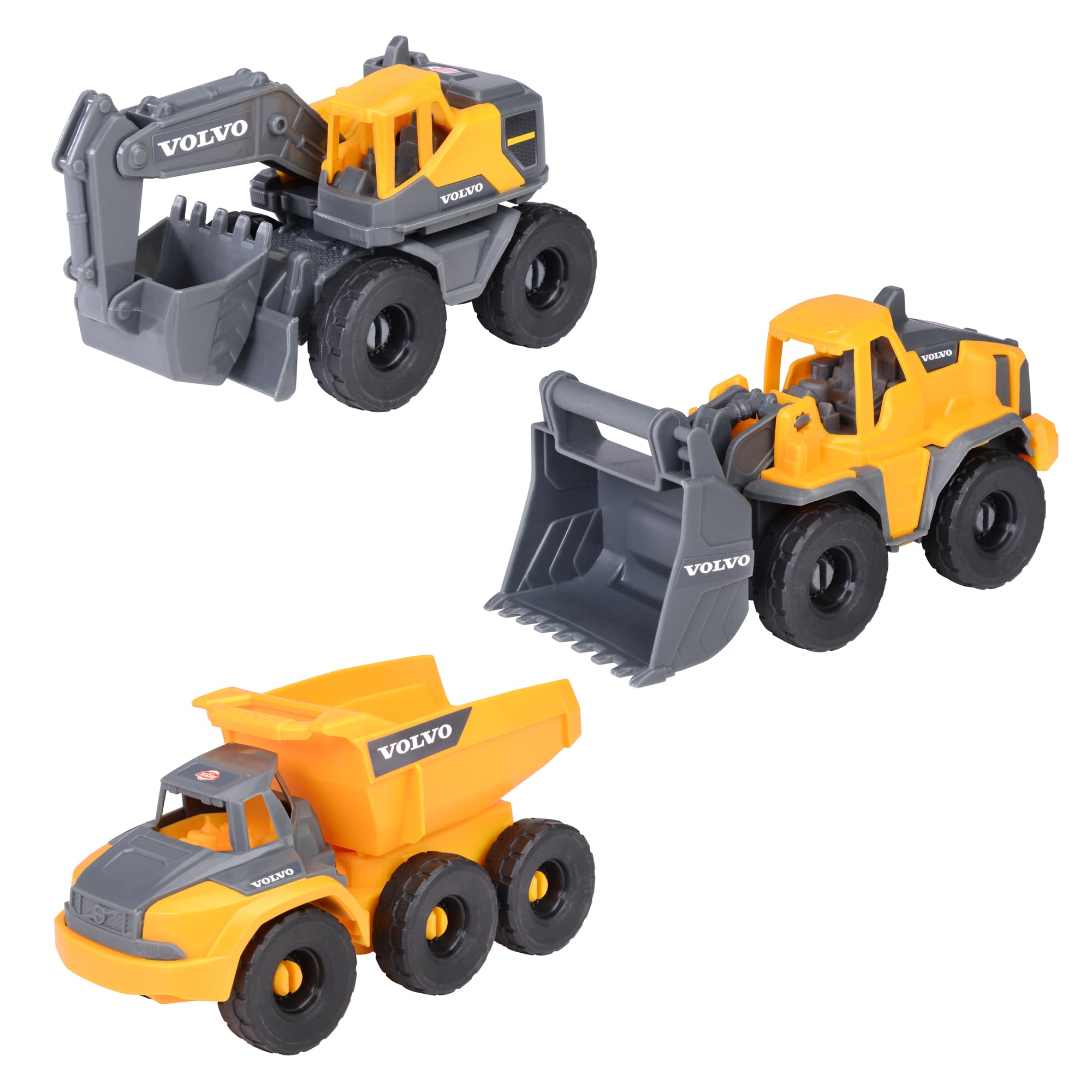Dickie Toys - Volvo Baustellenfahrzeuge ab 3 Jahre - Construction Set mit verschiedenen Spielzeugautos (Bagger, Radlader, Kipplaster) für Kinder, je 16 cm, Autos mit Freilauf und beweglichen Teilen Single Angebot bei HelloDeals