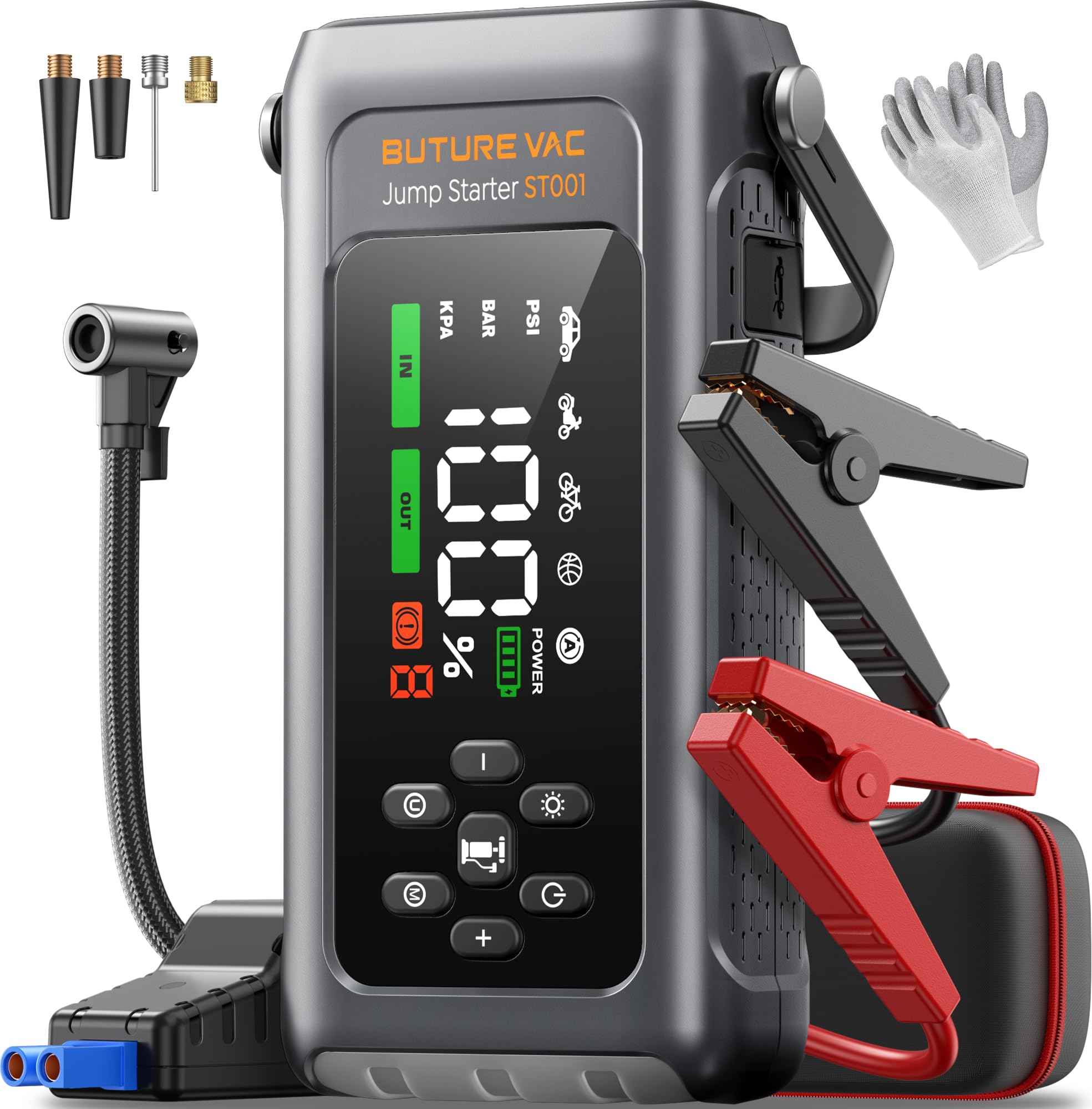 5000A Starthilfe Powerbank mit 150PSI Kompressor, 12V Auto Starthilfe Powerbank für 12 V(Bis zu All Benzin und 9.0L Dieselmotor)，Booster Auto Starthilfe mit Taschenlampe, Zwangsstart, Handschuhe Angebot bei HelloDeals