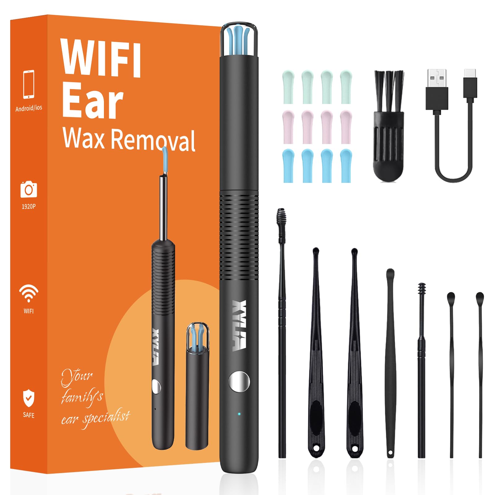 Xylla Ohrenschmalz Entferner Otoskop 1920P HD-Ear Wax Removal IP67 Wasserdicht WIFI Otoskop 360°Weitwinkel ohrreiniger mit 6 LEDs Tragbares Vergnügen der Ohrreinigungr (Schwarz) Black Angebot bei HelloDeals