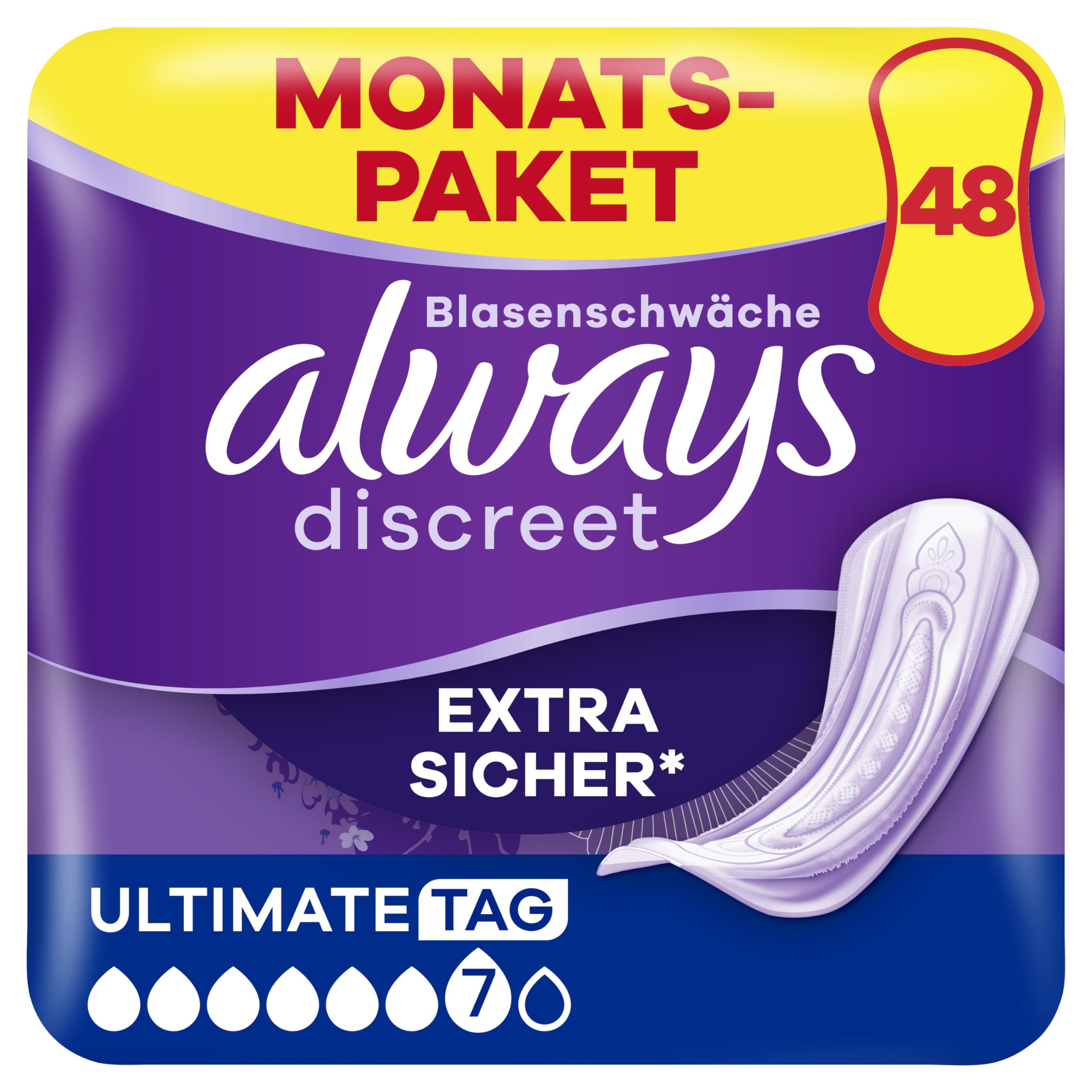 Always Discreet Inkontinenzeinlagen für Frauen Ultimate Tag 48 Stück Extra Sicher und Diskret Angebot bei HelloDeals