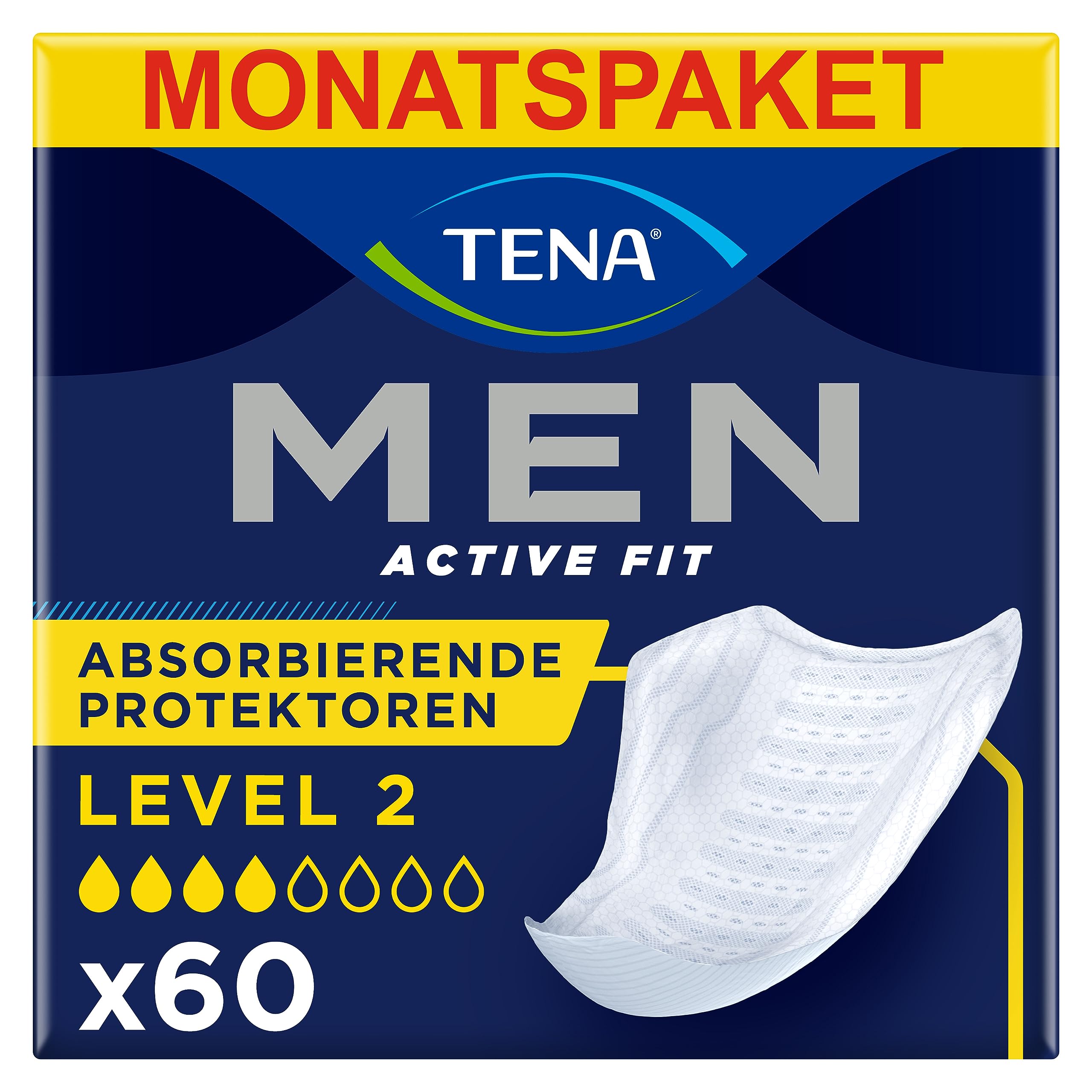 TENA MEN Absorbierende Protektoren, Level 2 - 60 Einlagen im Monatspaket (6 x 10), einzeln verpackt - Hygieneeinlagen für Männer bei mittlerem Harnverlust und Inkontinenz Angebot bei HelloDeals