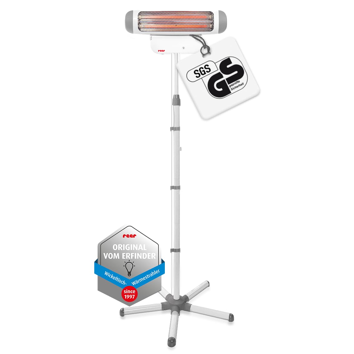 reer Wickeltischstrahler FeelWell 2in1, Standheizstrahler und Wandmontage, 2 Heizstufen, Timer, Kippsicherung, geprüft nach Medizinstandard, Weiß, aus Metall Stand- und Wandmontage Angebot bei HelloDeals