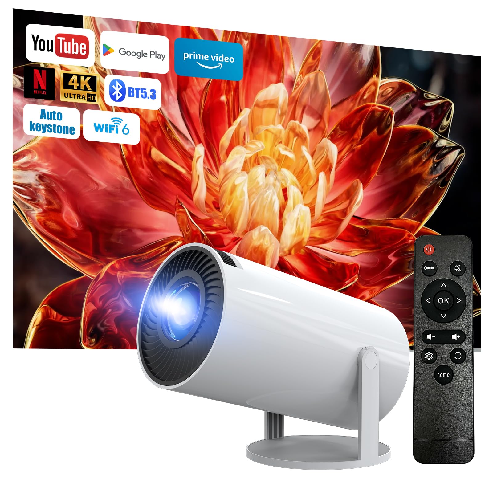 Beamer 4K 1080P Full HD Unterstützt Android 13, 2025 Upgraded Mini Beamer 5G WiFi 6 BT 5.3, Mini Projektor 4K Heimkino/Laptop/HDMI/USB/Auto Horizontal Trapezoid Correction Angebot bei HelloDeals