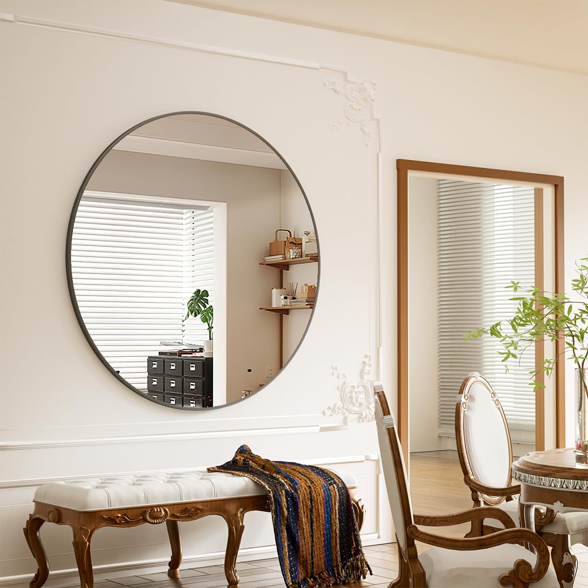 BEAUTYPEAK 90 cm Runder Spiegel, Bruchsicherer Wandspiegel mit Aluminiumrahmen, Badezimmer Spiegel zum Aufhängen und Anlehnen, Rund Wandspiegel für Schlafzimmer, Bad, Wohnzimmer 90L x 90B cm Schwarz Angebot bei HelloDeals