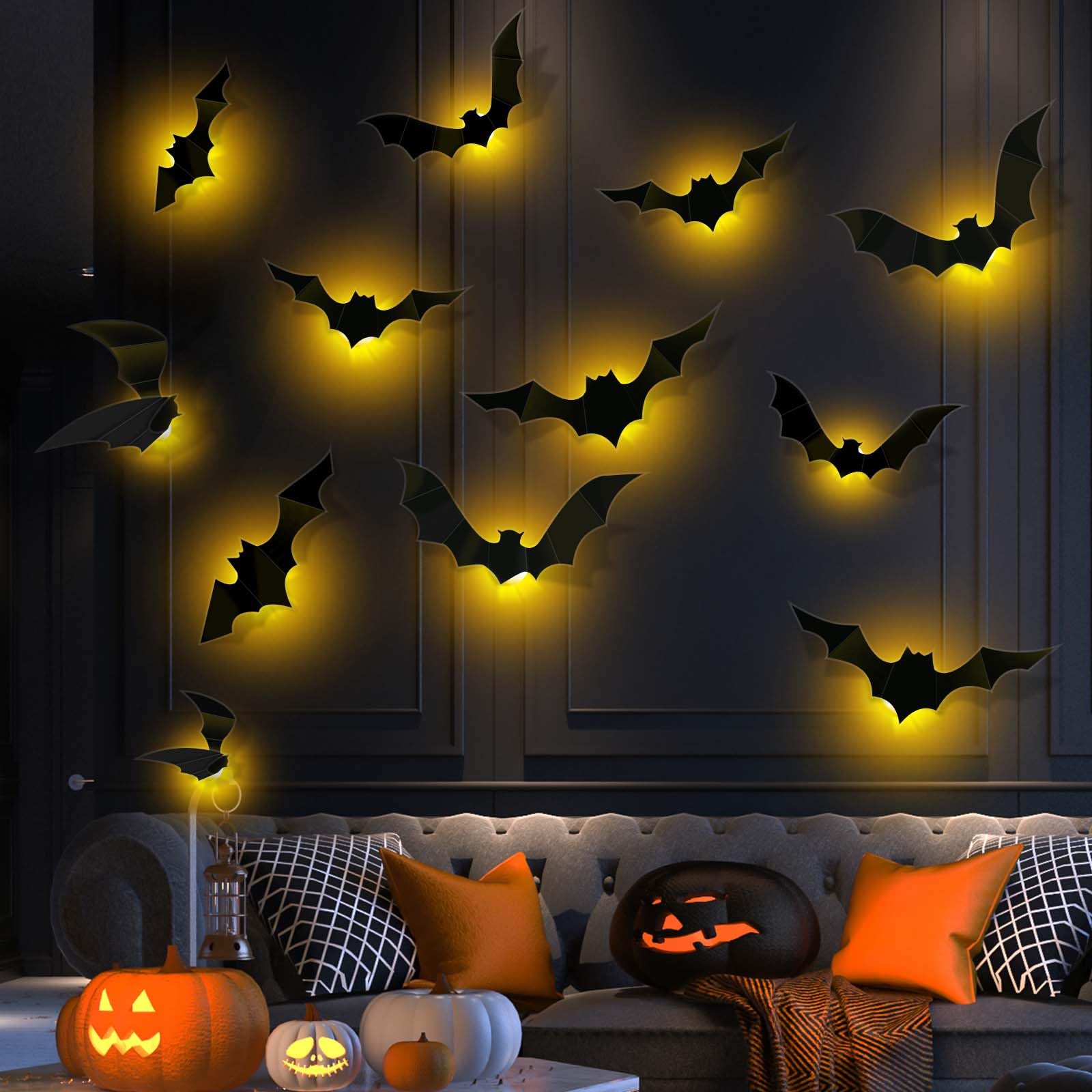 Halloween Deko Fledermaus, 12 Stück 3D Groß Fledermaus Deko Mit LED, Wandaufkleber Helloween Dekoration Party Deko Sticker, Helloween Deko Outdoor Indoor, Halloween LED Deko Set Für Fenster Tür (Warm) Angebot bei HelloDeals