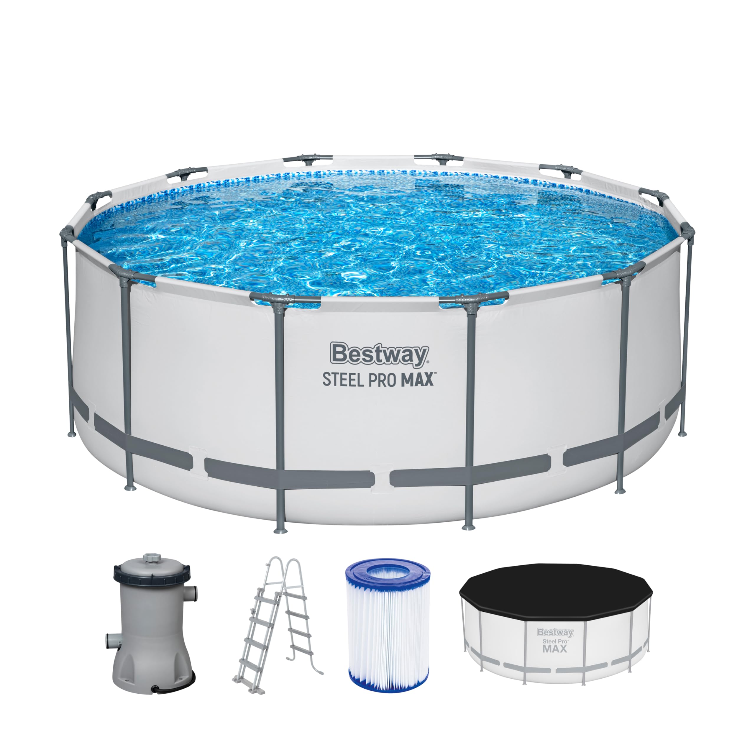 Bestway Steel Pro MAX Frame Pool Komplett-Set mit Filterpumpe Ø 366 x 122 cm, lichtgrau, rund, Grau Single Angebot bei HelloDeals