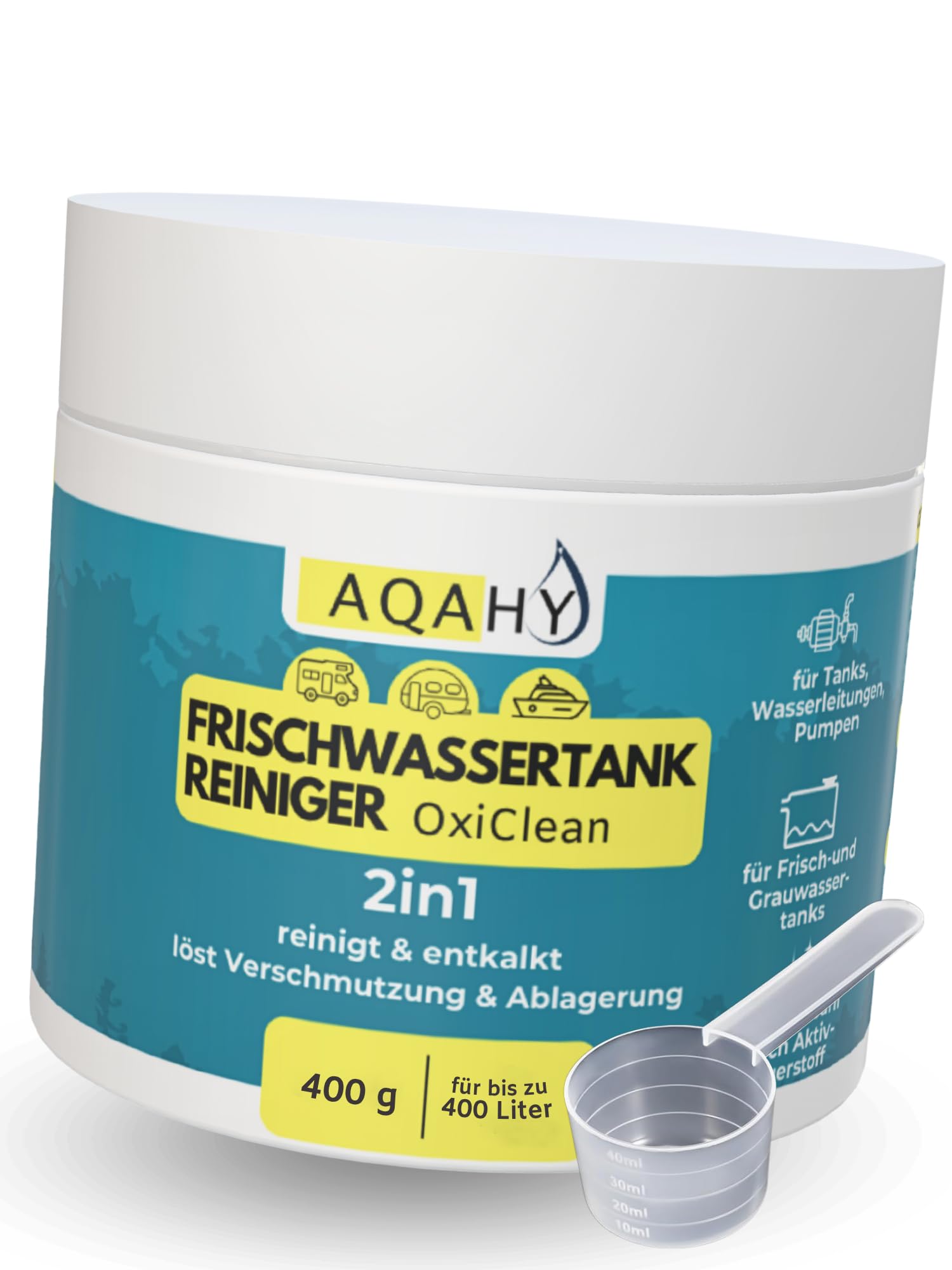 AQAHY Wassertank Reiniger Wohnmobil Oxi Clean - Frischwassertank Reiniger 2in1 reinigt und entkalkt – hochwirksamer Tankreiniger mit Aktivsauerstoff für Tank & Wasserleitung - Made in DE 400g-400L Testsieger Angebot bei HelloDeals