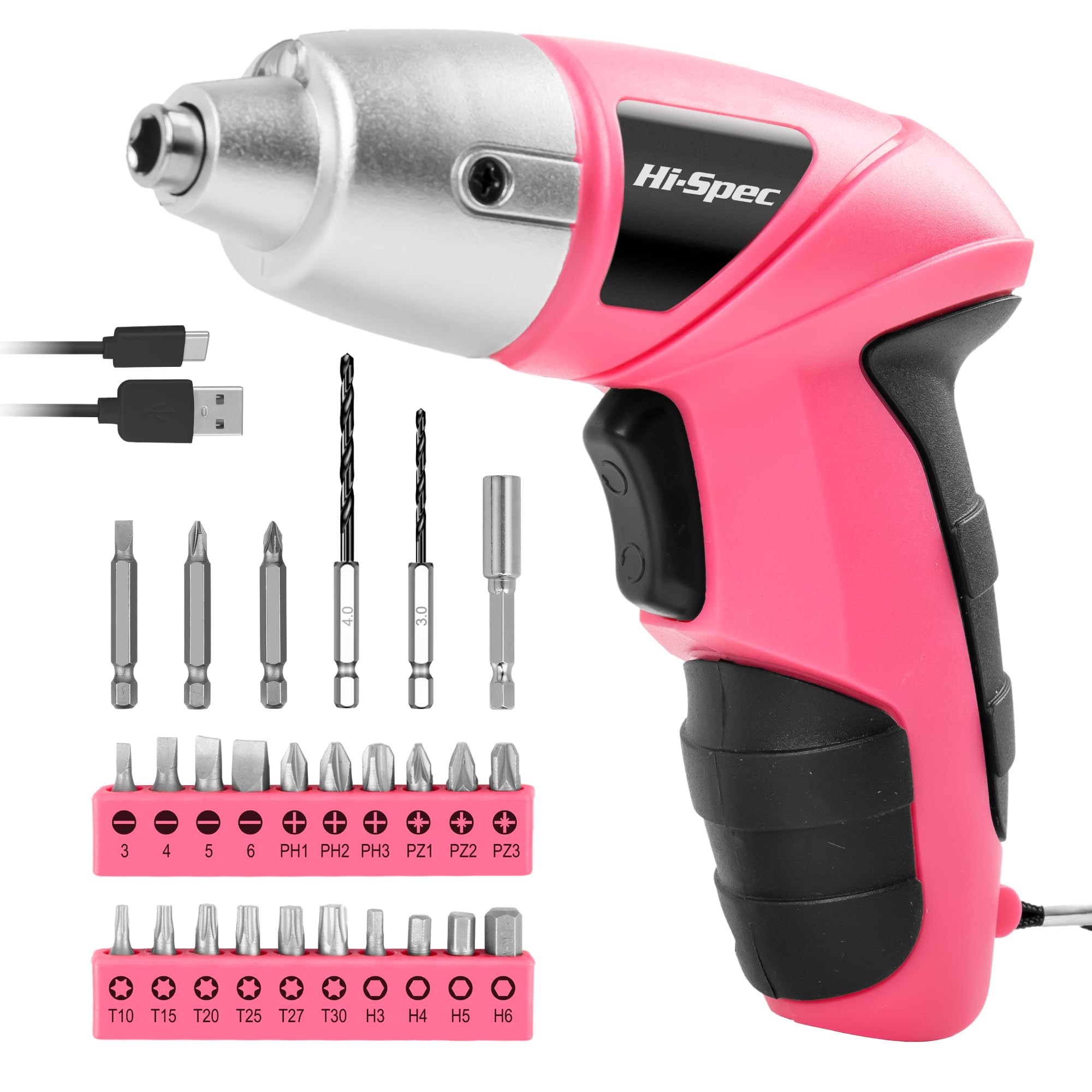 Hi-Spec Akkuschrauber klein in Pink Rosa mit wiederaufladbarem 3.6-V-Akku und LED-Licht. Mit 26-teiligem Zubehör Schraubendreher Bit Set – Mini Akkuschrauber für Frauen Angebot bei HelloDeals