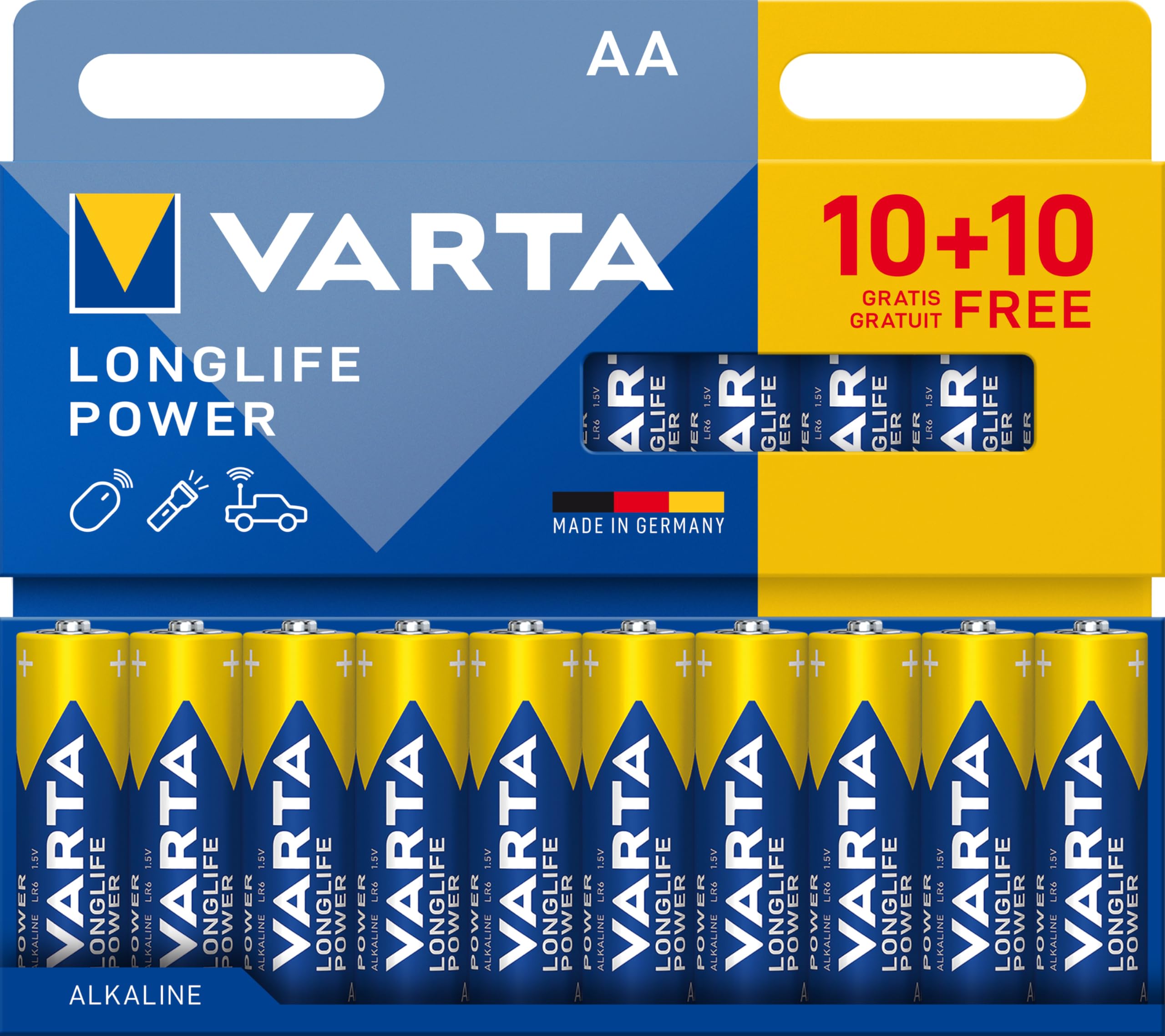 VARTA Batterien AA, 10+10 (20 Stück), Longlife Power, Alkaline, 1,5V, ideal für Spielzeug, Funkmaus, Taschenlampen, Verpackung zu 90% recycelt, Made in Germany Angebot bei HelloDeals