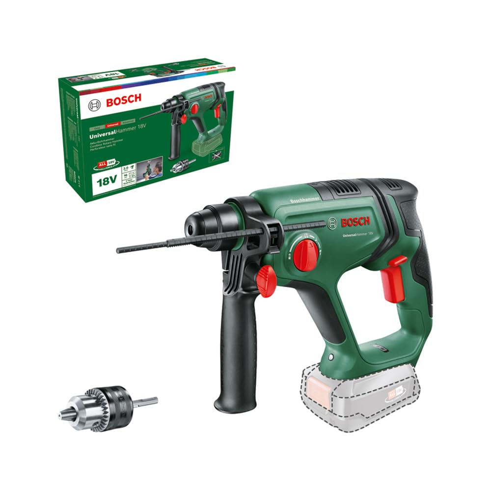 Bosch Akku-Bohrhammer UniversalHammer 18V (Ohne Akku; 18 Volt System; mit Rundschaftadapter; zum Bohren, Hammerbohren, Meißeln und Schrauben; im Karton) UniversalHammer 18V | ohne Akku | + Rundschaftadapter Angebot bei HelloDeals