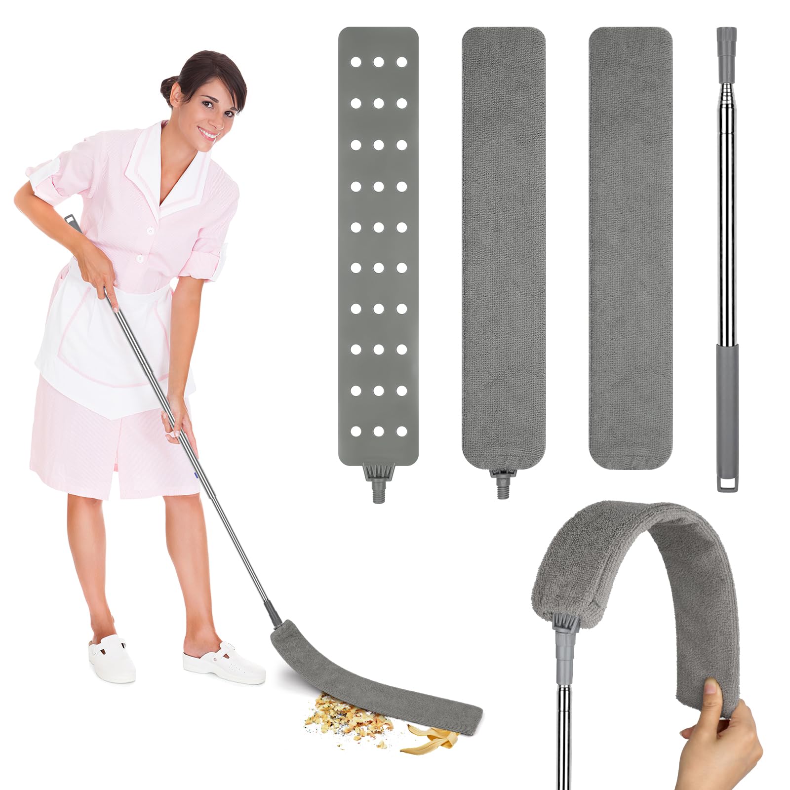 Teleskop Staubwedel Waschbar, Stange Biegbar Eckbesen, 1.2m-2.5m Ausziehbar Duster Mikrofaser Edelstahl Teleskop mit Zwei Austauschbare Reinigungsbürsten,für Staubwedelen Spinnweben Grau-4pcs Angebot bei HelloDeals