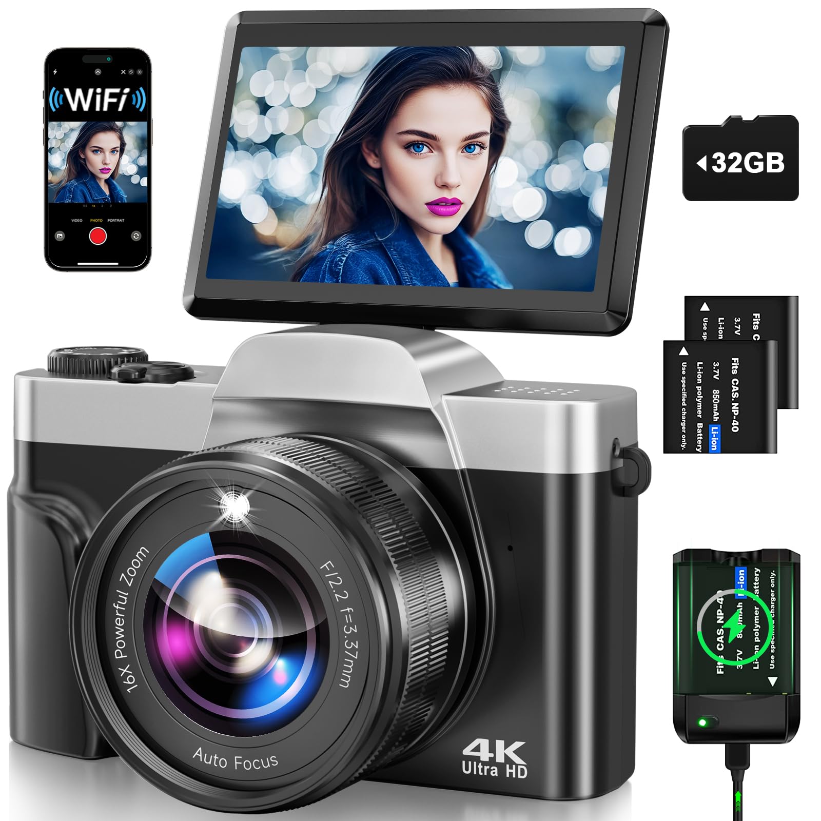 Digitalkamera, 4K 64MP Autofokus Kamera Fotokamera Mit WLAN, 3" 180° Klappbarer Bildschirm Digital Kamera mit 32GB Karte, Ladestation, 2 Akkus Fotoapparat Kompaktkamera für Anfänger Teenager -Schwarz Angebot bei HelloDeals