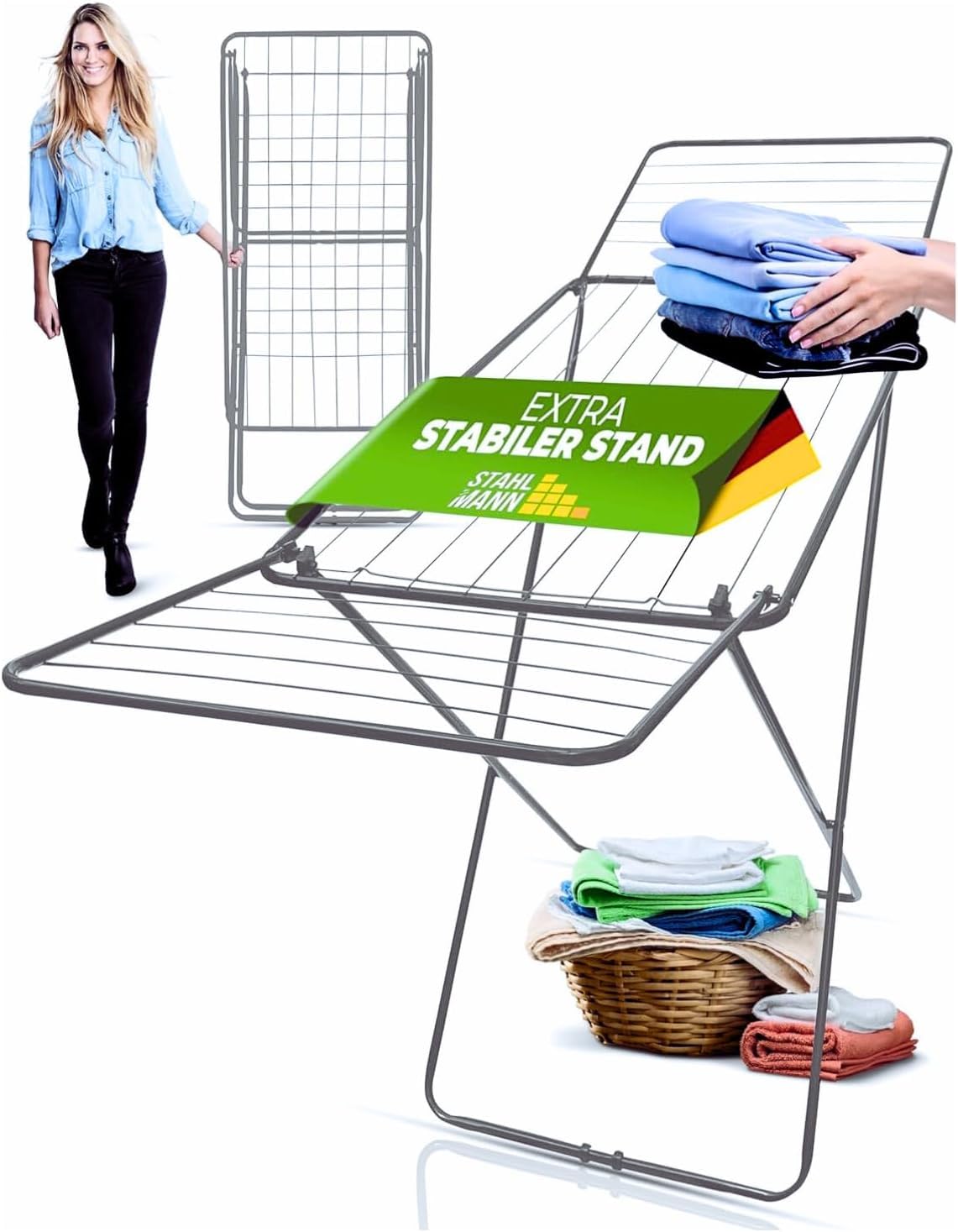 STAHLMANN ® Wäscheständer Silber [18 m Trockenfläche] - Wäscheständer platzsparend mit rutschfesten Füßen - Klappbarer Flügelwäscheständer - Wäschetrockner Angebot bei HelloDeals