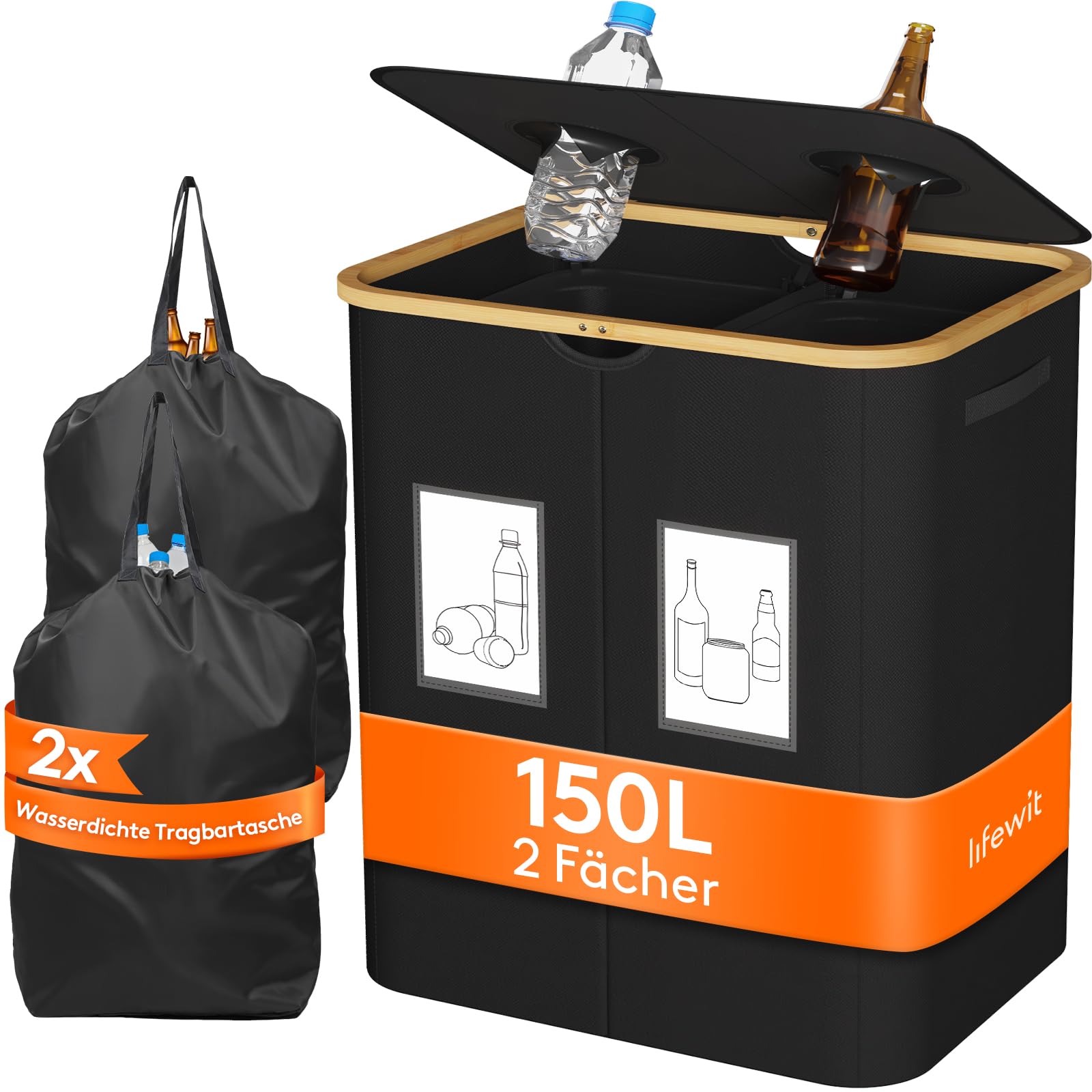 Lifewit 150L Pfandflaschen Sammelbehälter, Flaschen Organizer mit Deckel, Flaschensammler Leergut 2 Fächer, Pfandflaschen Aufbewahrung, Pfandflaschen Behälter für Kunststoff, Glasflaschen, Schwarz Schwarz 150L Angebot bei HelloDeals