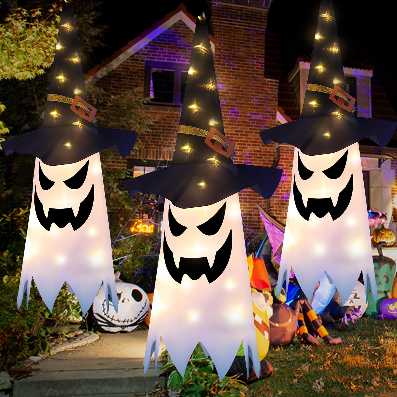 TJYAEKLTD Halloween Decorations, Hanging Lighted Glowing Ghost with Einen Hexenhut, 3 Pack 80x25cm Halloween Deko Outdoor Innen Lrgendwo Hin Angebot bei HelloDeals