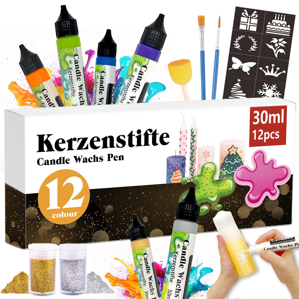 30ml Kerzenstifte Wachsstifte Für Kerzen mit Feiner Glitzer Gold Silber Kerzen Bemalen Set Candle Wachs Pen für Ideal zum Kerzen Dekorieren & Gestalten Kerzenfarbe (12-Farben) Angebot bei HelloDeals