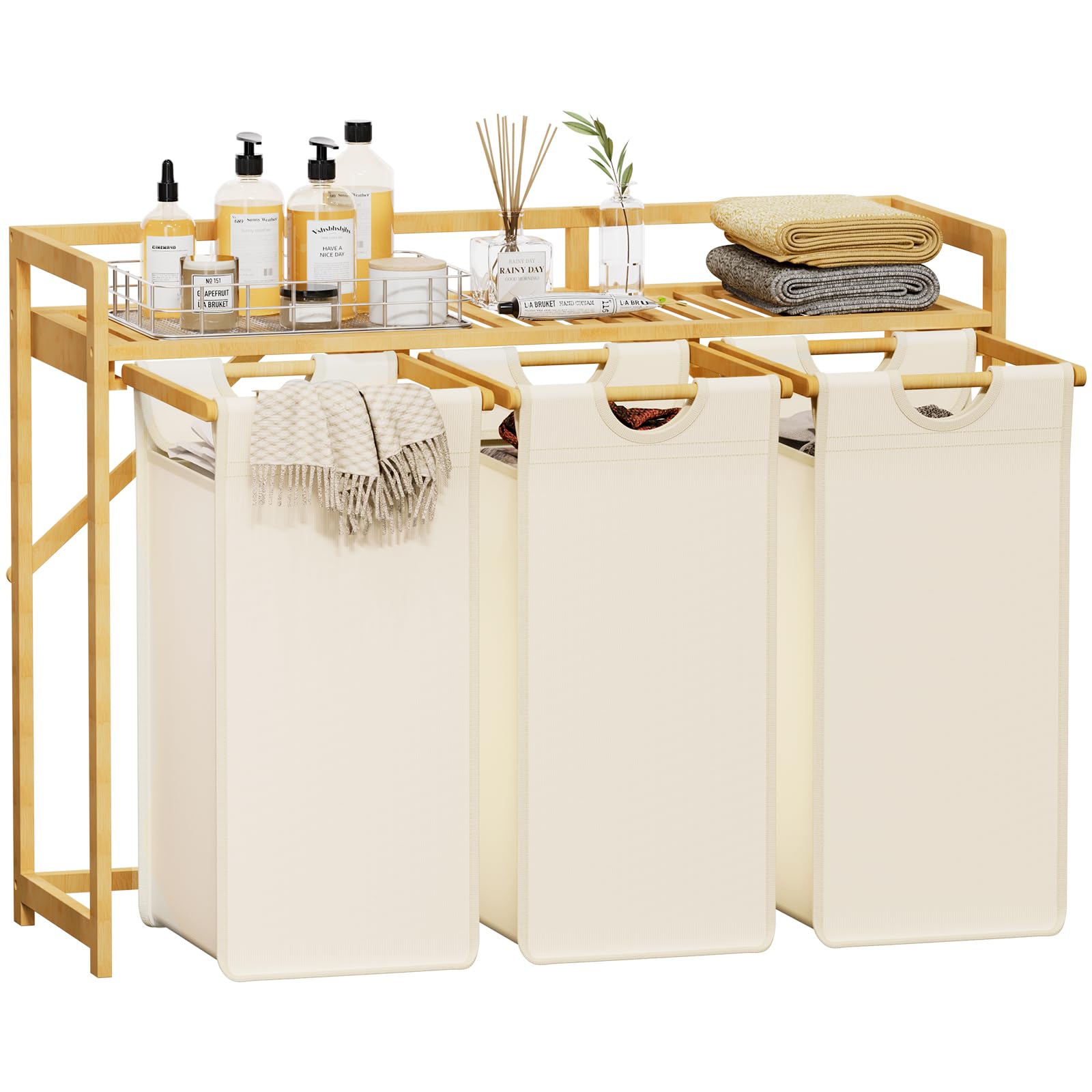 Lifewit Wäschekorb mit Bambusrahmen, 150L Wäschesammler 3 Fächer, Abnehmbarer Wäschebox Bambus Wäschesortierer für Kleidung, Handtücher, Spielzeug, 96. 2X 33.4 X 72 cm, Weiß Angebot bei HelloDeals