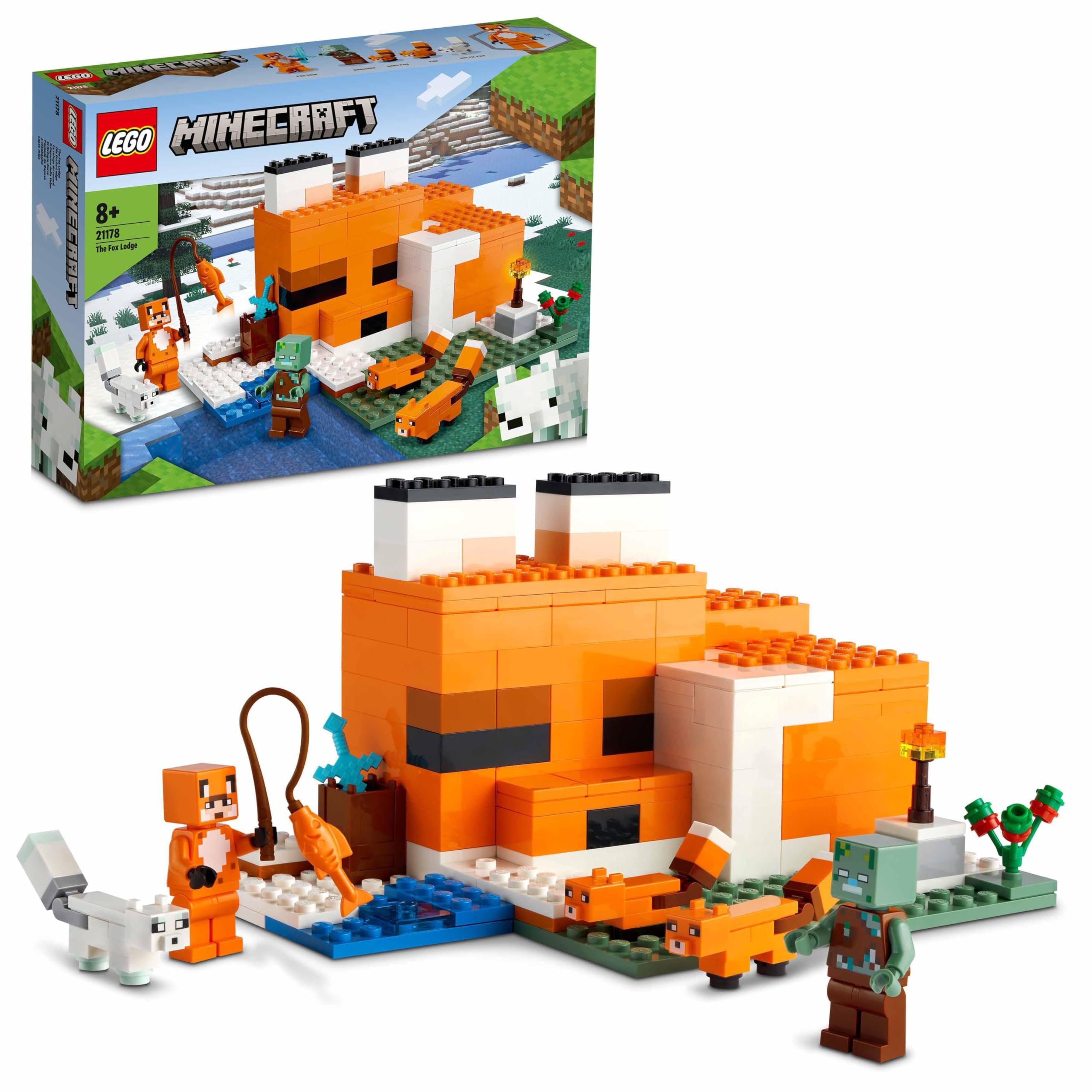 LEGO Minecraft Die Fuchs-Lodge - Spielset mit Spielzeughaus - Gamer Geschenk mit Ertrunkenem, Füchsen und einem Helden in einem Fuchs-Skin - Spielzeug für Kinder ab 8 Jahren - 21178 Single Angebot bei HelloDeals