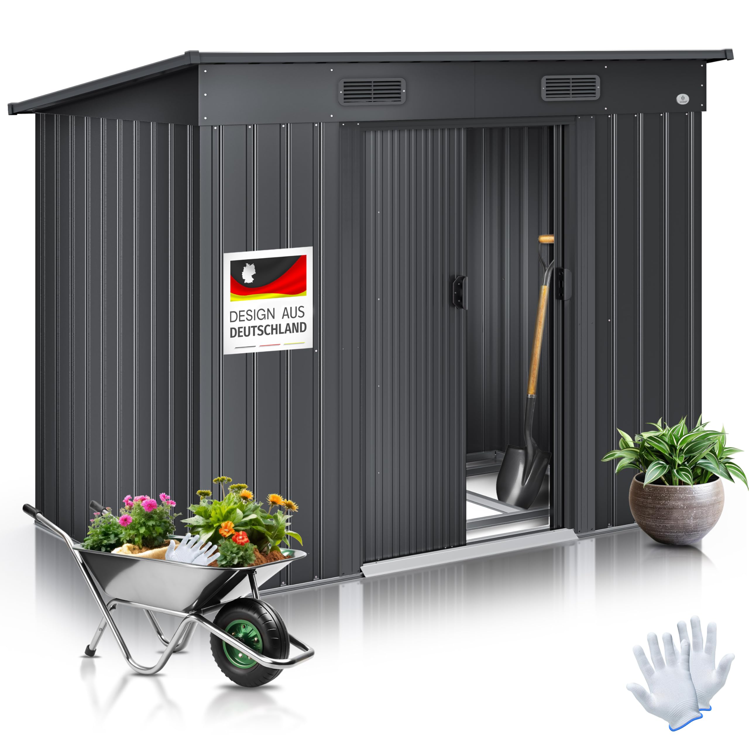 KESSER® - Gerätehaus L Metall 4 m³ mit Fundament | 210x132x186 cm | 2X Schiebetür & Fundament | Geräteschuppen | Gartenhaus Schrank | Pultdach Garten Schuppen, Ink. Arbeitshandschuhe, Anthrazit Angebot bei HelloDeals
