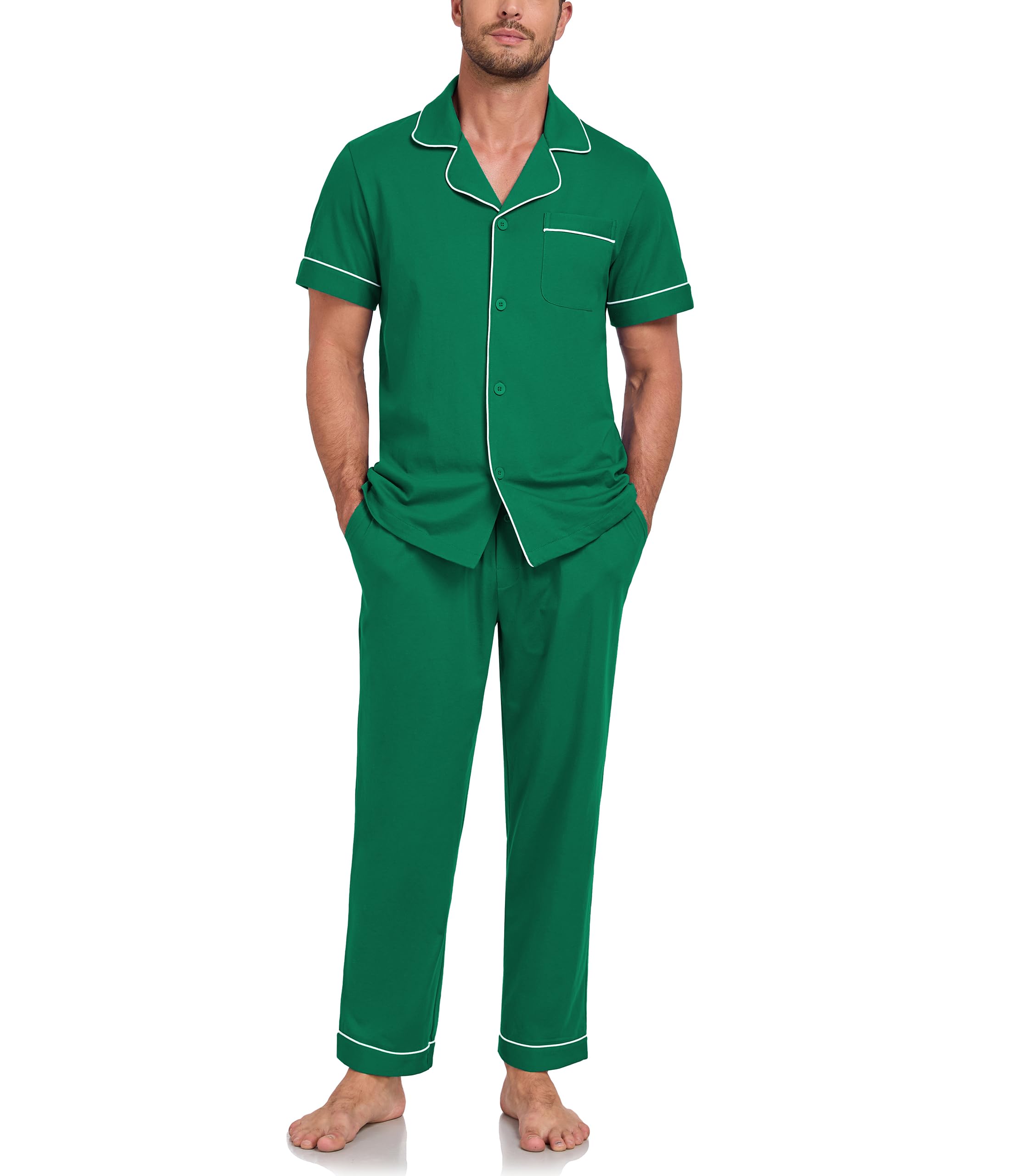 COLORFULLEAF Schlafanzug Herren 100% Baumwolle Pyjama Set mit Knöpfen Zweiteiliger V-Ausschnitt Kurzarm Shirt Lang Pyjamahose Weich Nachtwäsche Hausanzug Pjs Set mit Brusttasche Angebot bei HelloDeals