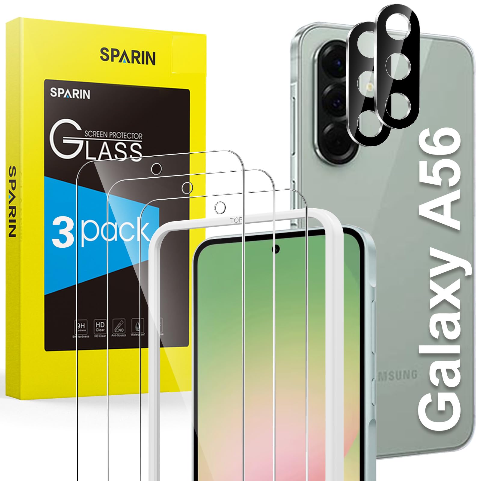 SPARIN für Samsung Galaxy A56 5G Panzer Schutz Glas, 3 Stück Schutzfolie und 2 Stück Kameraschutz mit Montage Rahmen, 9H Härte, Anti-Bläschen,HD-Klar Angebot bei HelloDeals