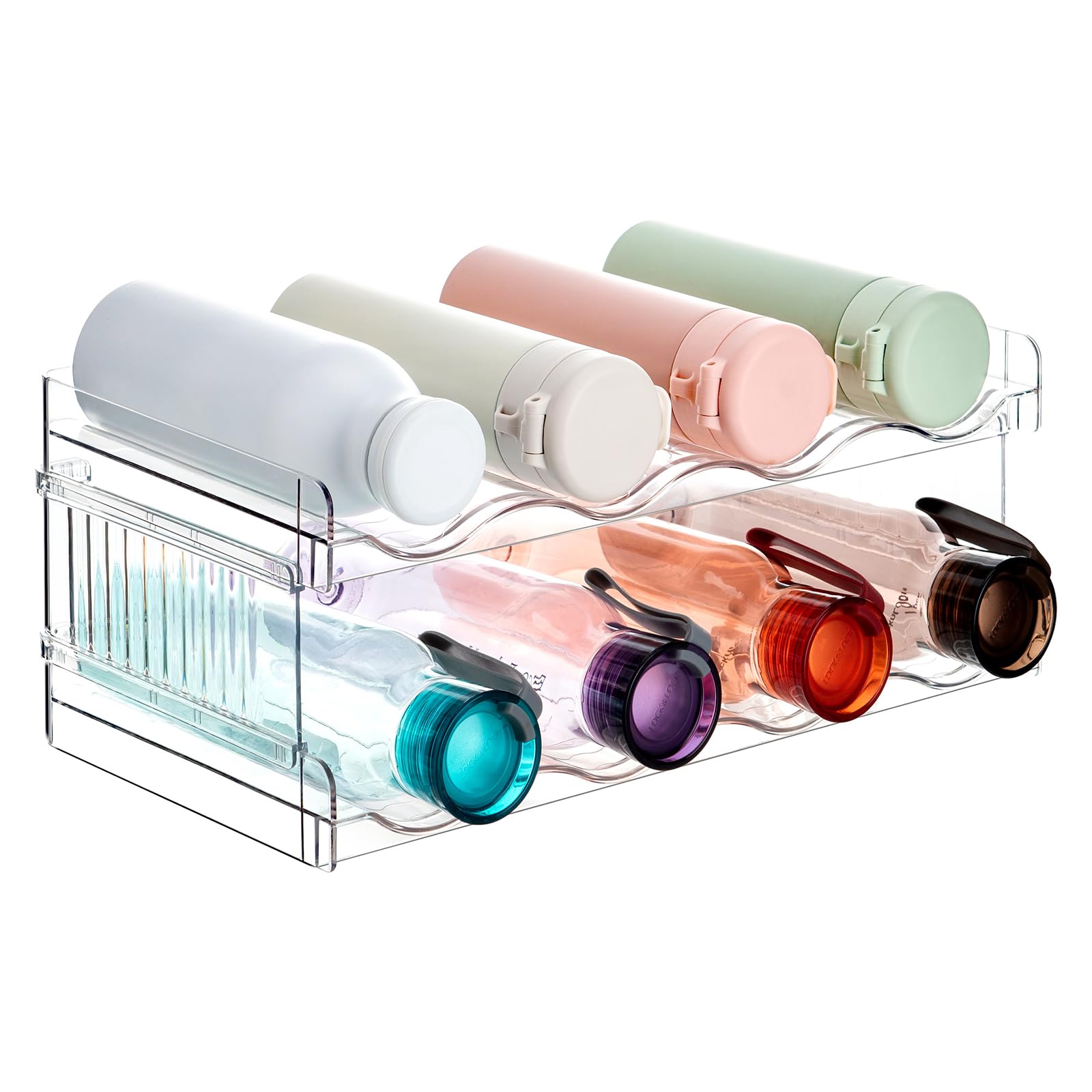 ACEROMT Stapelbarer Flaschenhalter für Kühlschrank, Schrank, Vorratskammer - Wasserflaschenhalter für Küchenschränke Arbeitsplatte Kühlschrank, 2er-Pack, jedes Regal fasst 4 Behälter 2Stück 8Flasche Angebot bei HelloDeals