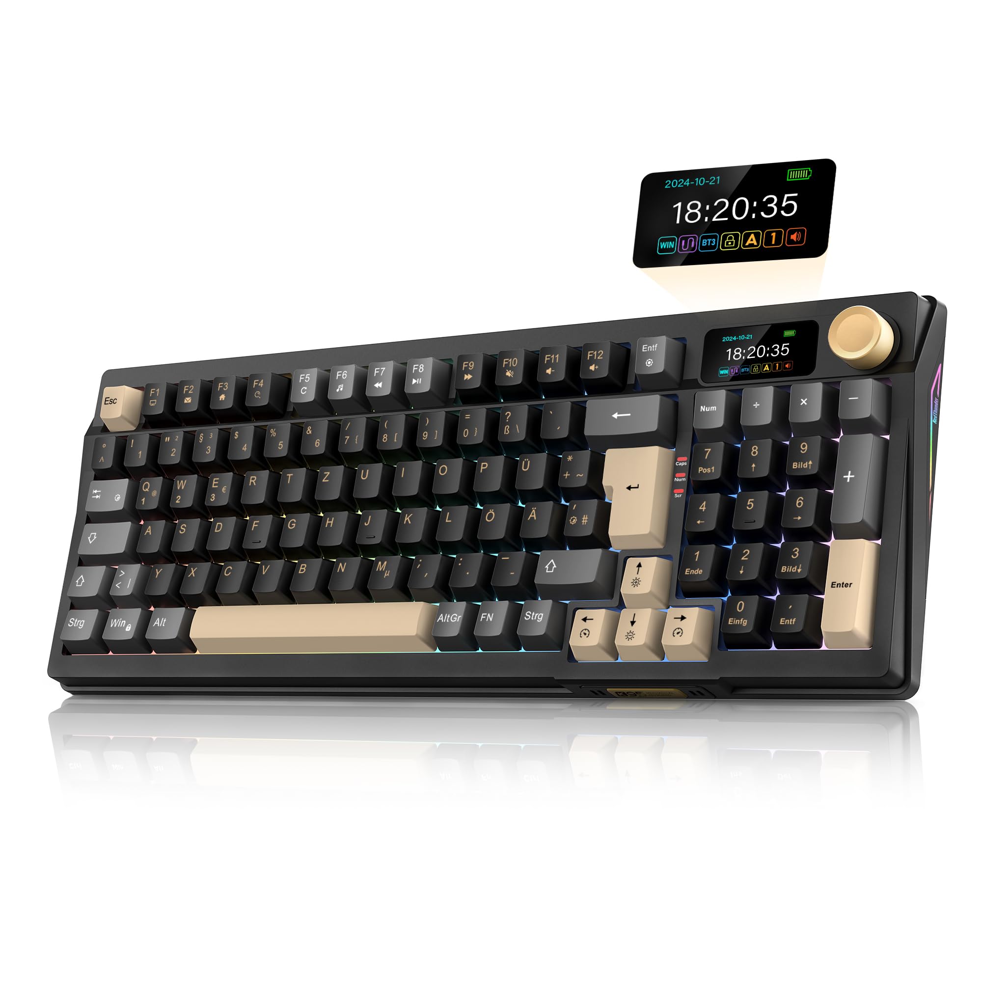 RedThunder K95 Kabellose Mechanische Gaming-Tastatur mit 1,88” Display & Knopf, QWERTZ 96 Tasten, Gasket, BT/USB-C/2,4GHz, Software, Hot-swap, Linear-Pink-Schalter, RGB, PBT-Tastenkappen, 8000mAh. Schwarz-Gold Angebot bei HelloDeals