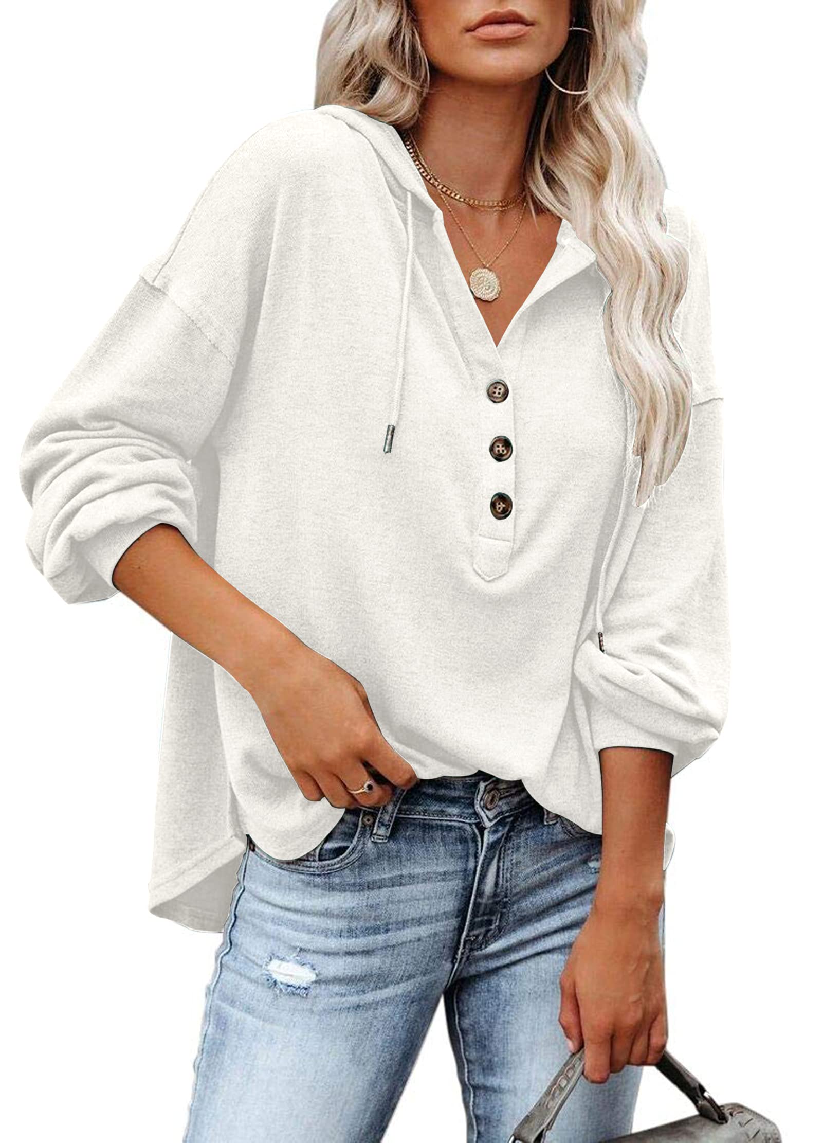 PLOKNRD Kapuzenpullover Damen Langarm Knöpfen Pullover mit Kordelzug Freizeit V-Ausschnitt Hooded Henley Sweatshirt Klassisch Cremeweiß L Angebot bei HelloDeals