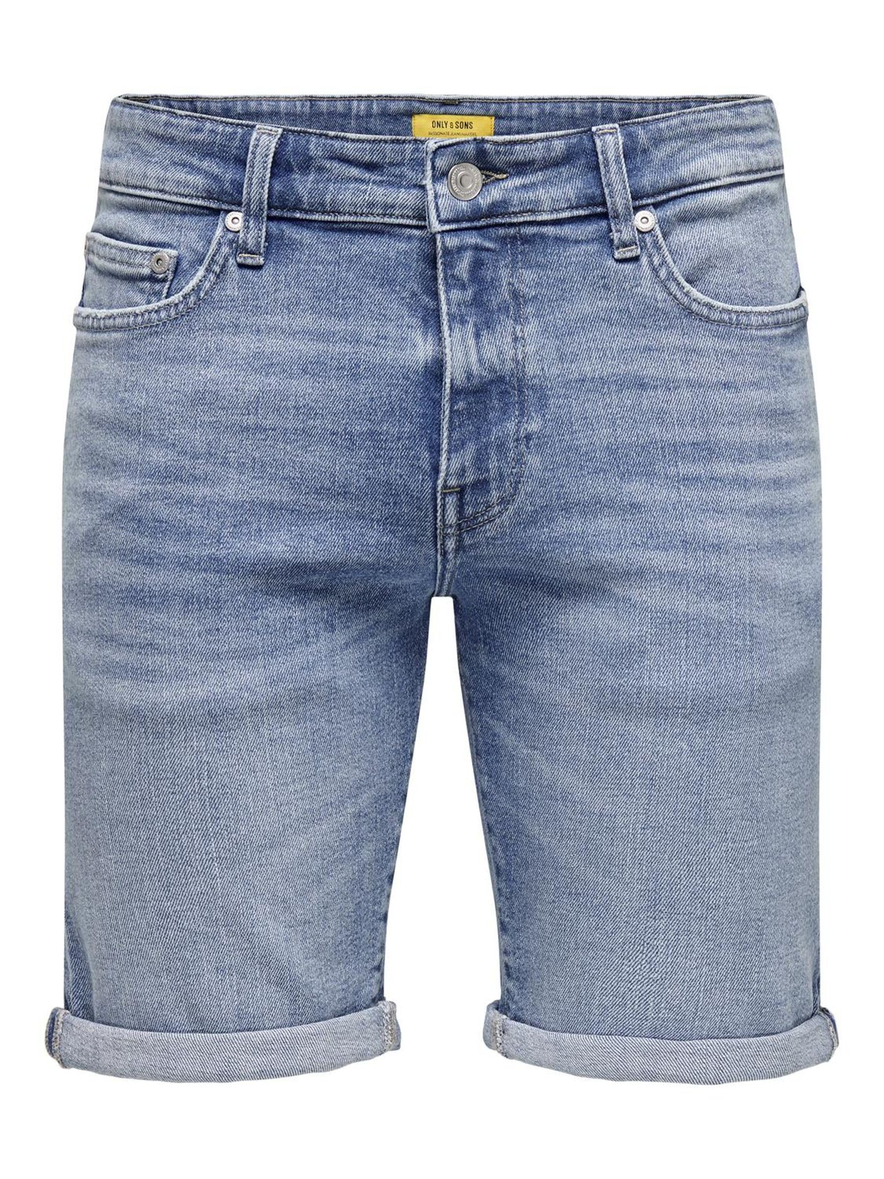 ONLY & SONS Herren Jeansshorts, fünf Taschen, Knopfverschluss, umgeschlagener Saum Angebot bei HelloDeals