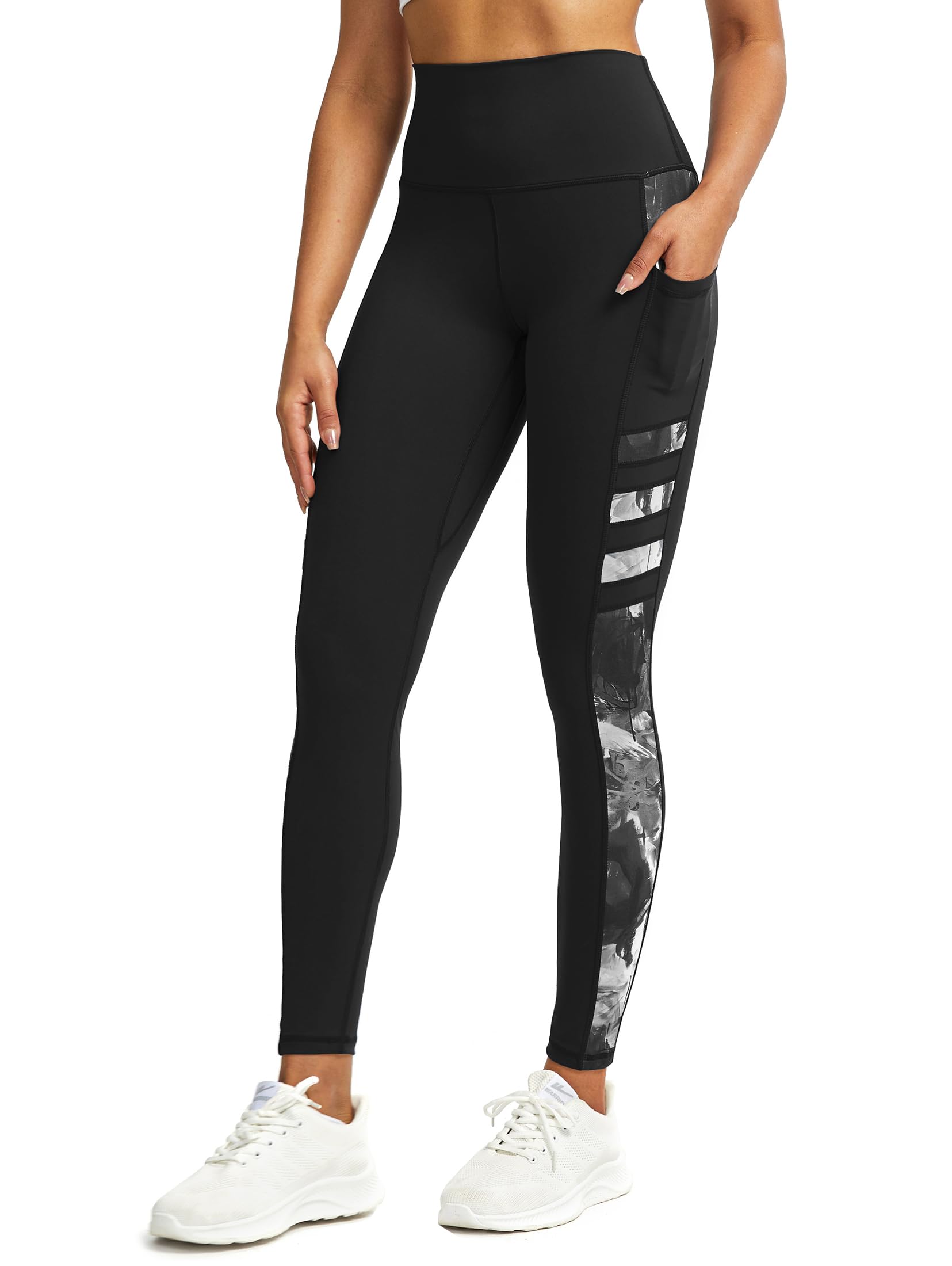 Tuspryt Sport Leggings Damen mit Taschen，Blickdicht Sporthose Damen lang Trainingshose Yogahose Fitnesshose Laufhose Leggings M 03 Schwarz /Druck Angebot bei HelloDeals
